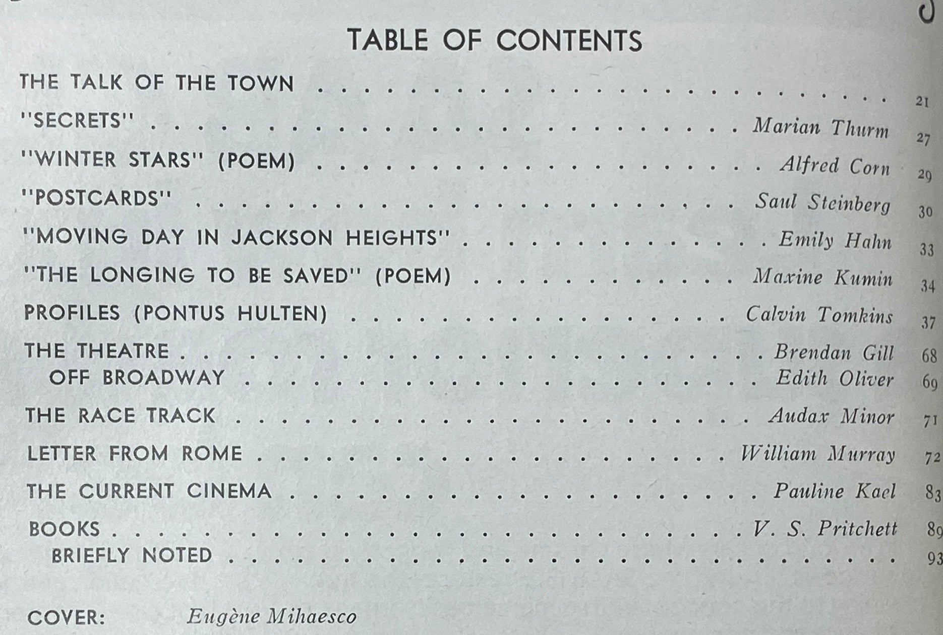 Table of contents page from The New Yorker magazine, January 16, 1978, detailing articles and authors featured in the issue.