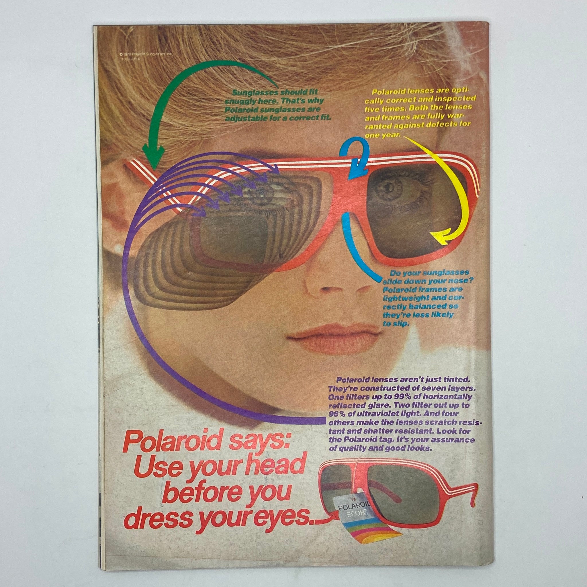 Back cover advertisement for Polaroid sunglasses featured in The New Yorker magazine, January 16, 1978, showcasing sunglasses with informational graphics.
