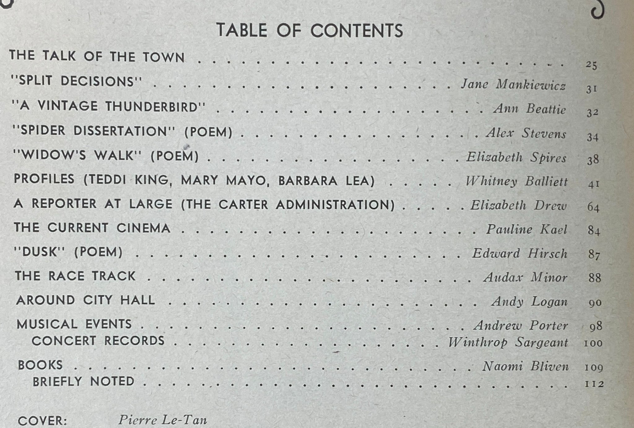 Table of contents from The New Yorker, February 27, 1978, listing articles and poems, including 'Split Decisions' by Jane Mankiewicz and 'Dusk' by Edward Hirsch.