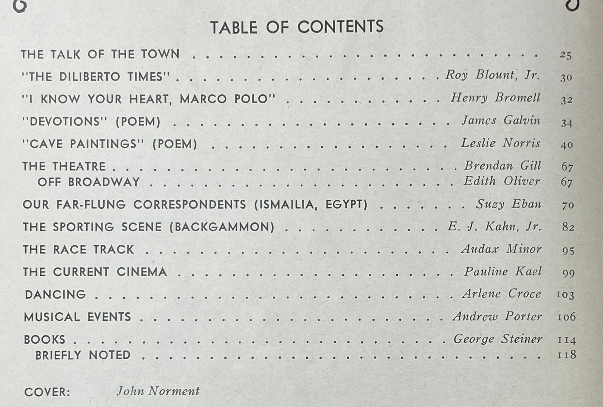 Table of contents from The New Yorker Complete Magazine March 6, 1978 by John Norment, featuring titles of articles including 'The Diliberto Times' and reviews by iconic critics.