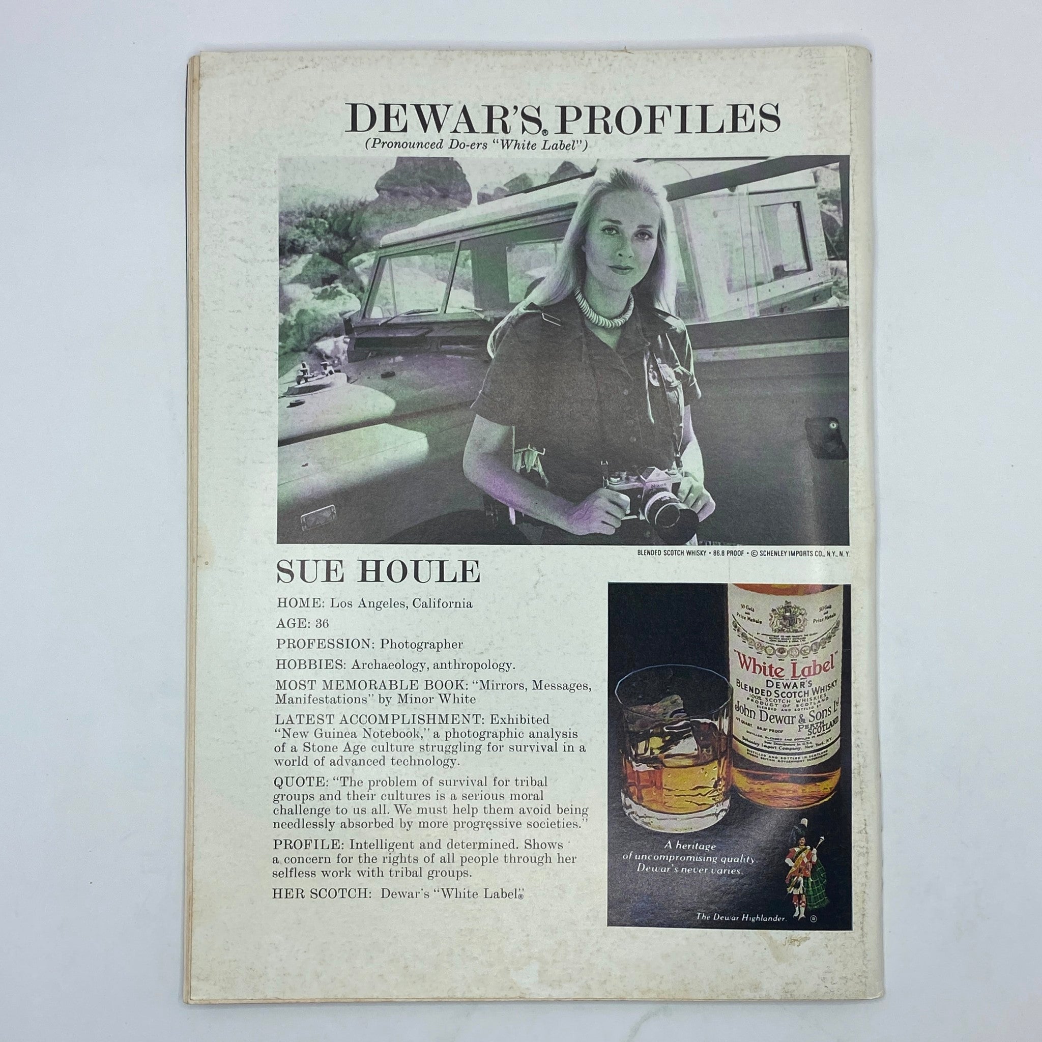 Back cover of The New Yorker Complete Magazine March 6, 1978, highlighting Dewar's Profiles featuring photographer Sue Houle and her biography, including hobbies, profession, and quote.