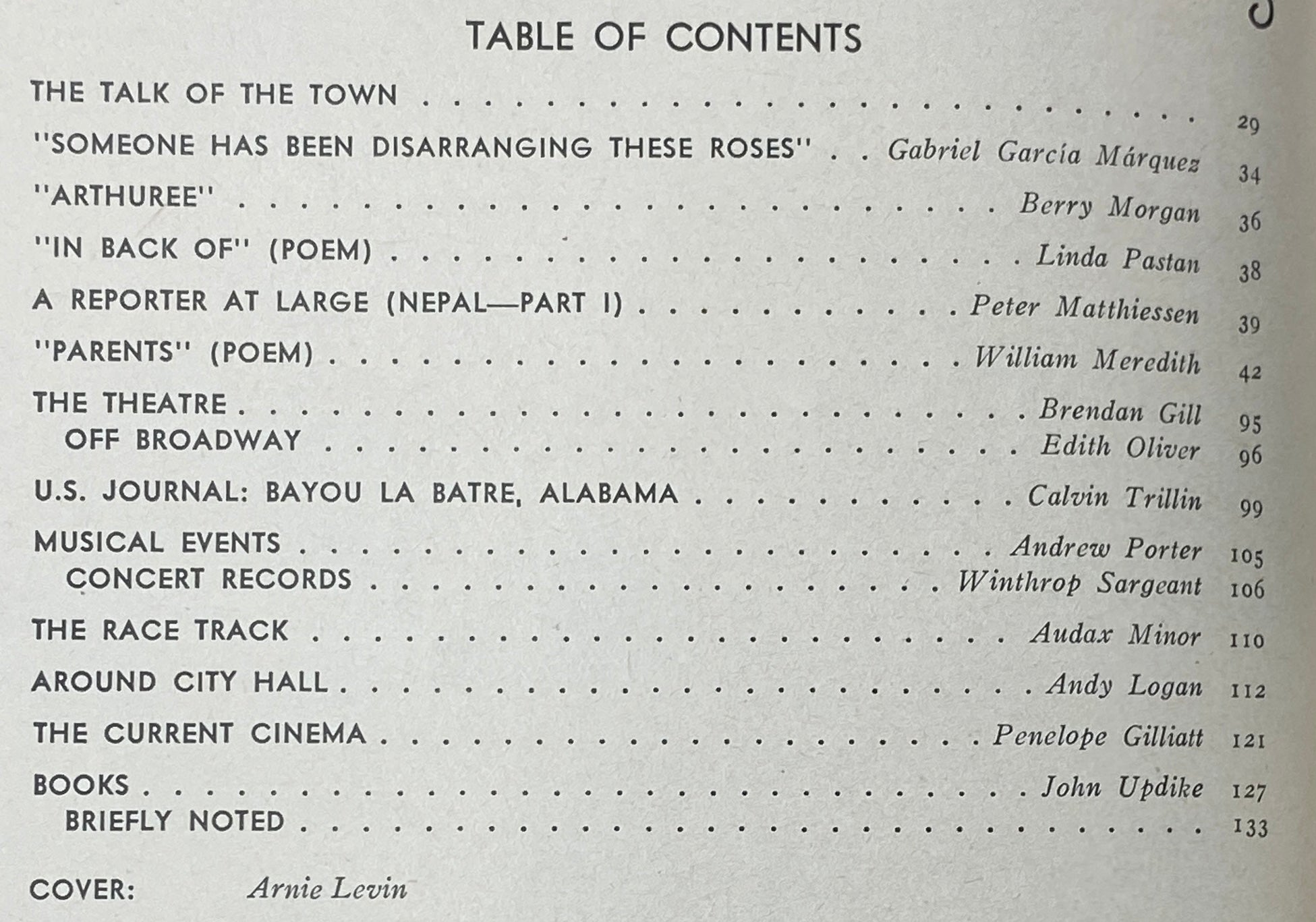 Table of contents from The New Yorker magazine March 27, 1978, listing notable articles and authors including Gabriel García Márquez and Peter Matthiessen.
