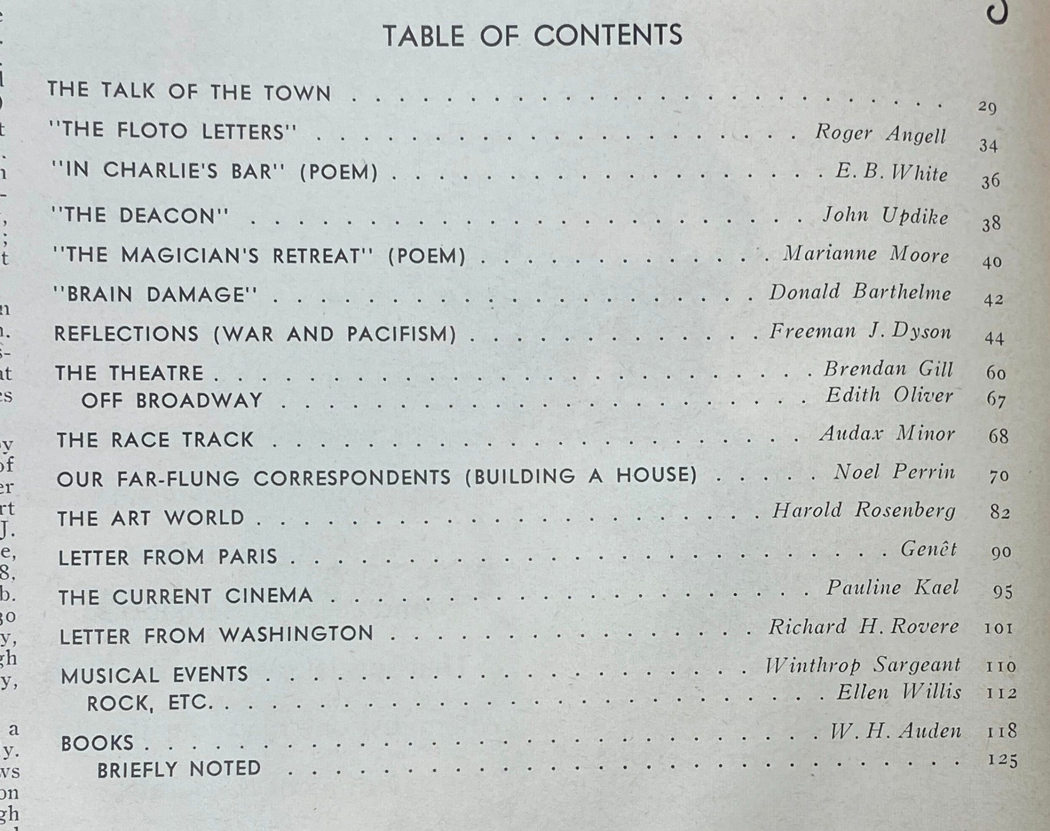 Table of contents from The New Yorker Complete Magazine February 21, 1970, detailing the featured articles and poems including works by E. B. White and John Updike.