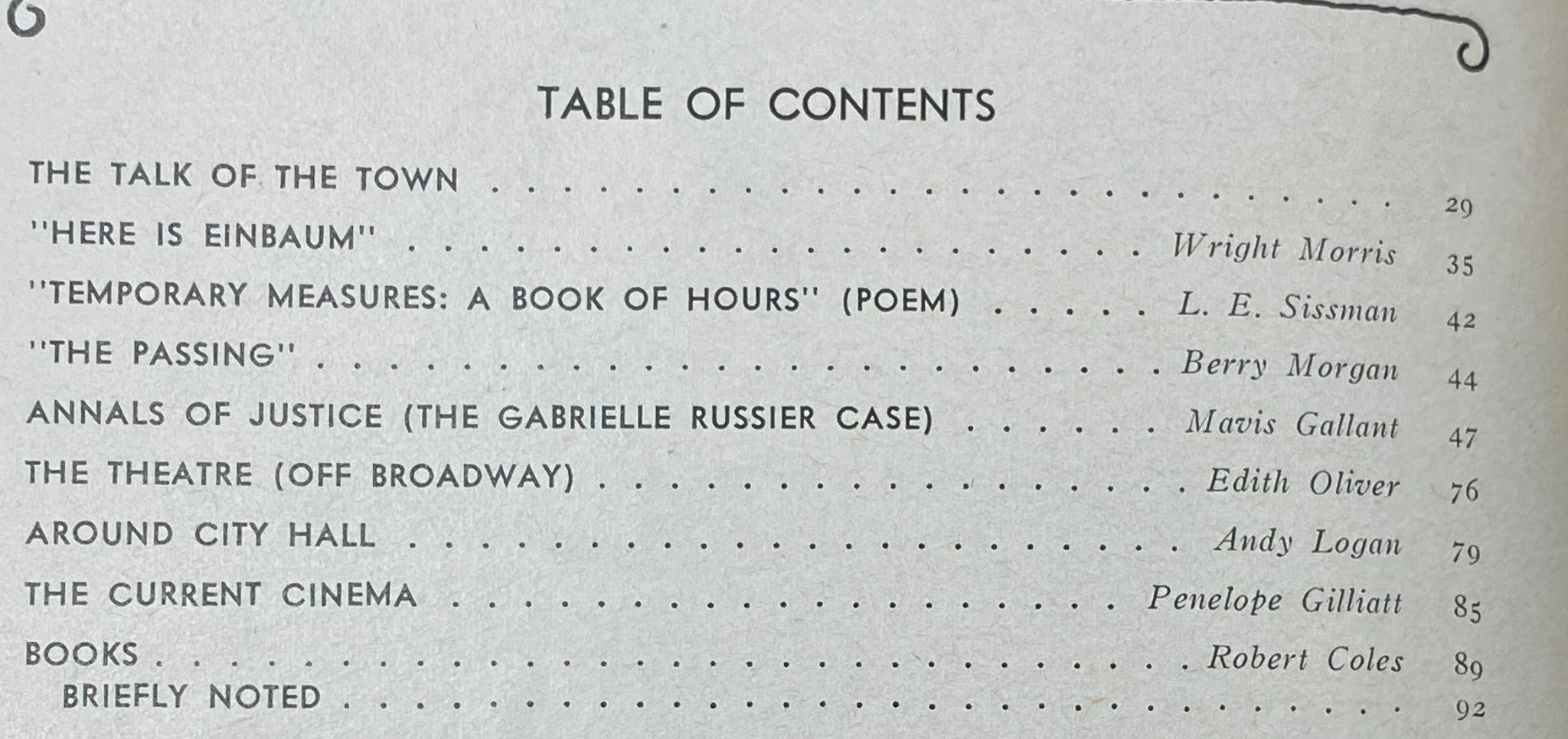 Table of Contents from The New Yorker, June 26, 1971, detailing featured articles like 'Here is Einbaum', 'Temporary Measures: A Book of Hours', and 'The Passing'.
