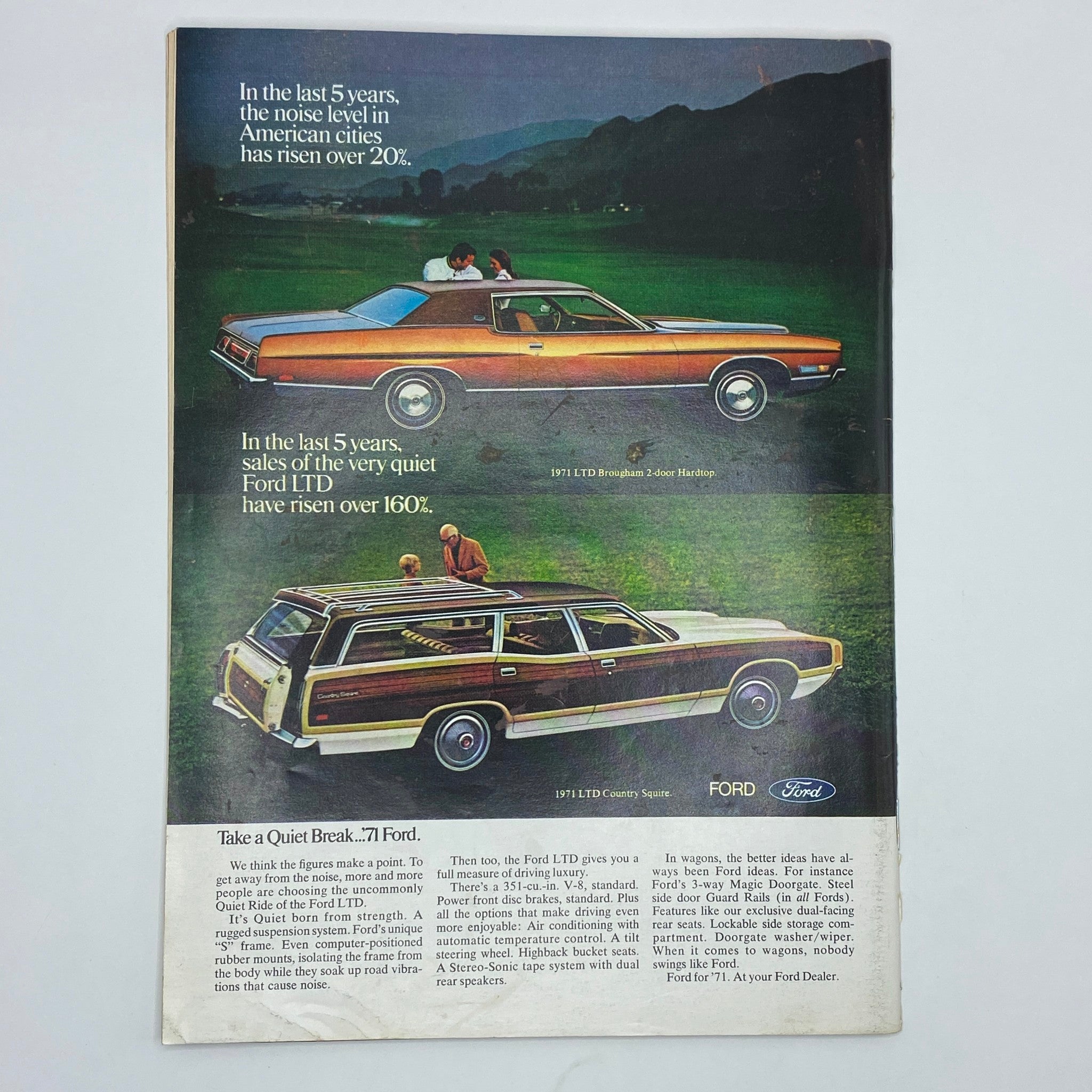 Back cover advertisement for the 1971 Ford LTD, promoting its quiet features, alongside two models of the car set in a peaceful landscape, from The New Yorker magazine, June 26, 1971.