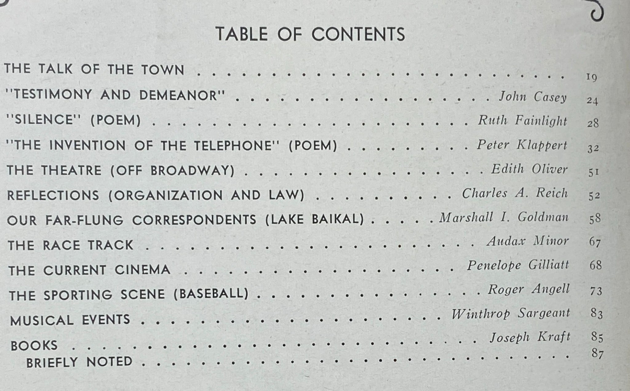 Table of contents of The New Yorker Complete Magazine June 19, 1971, listing articles and features including 'The Talk of the Town' and 'Silence' poem.