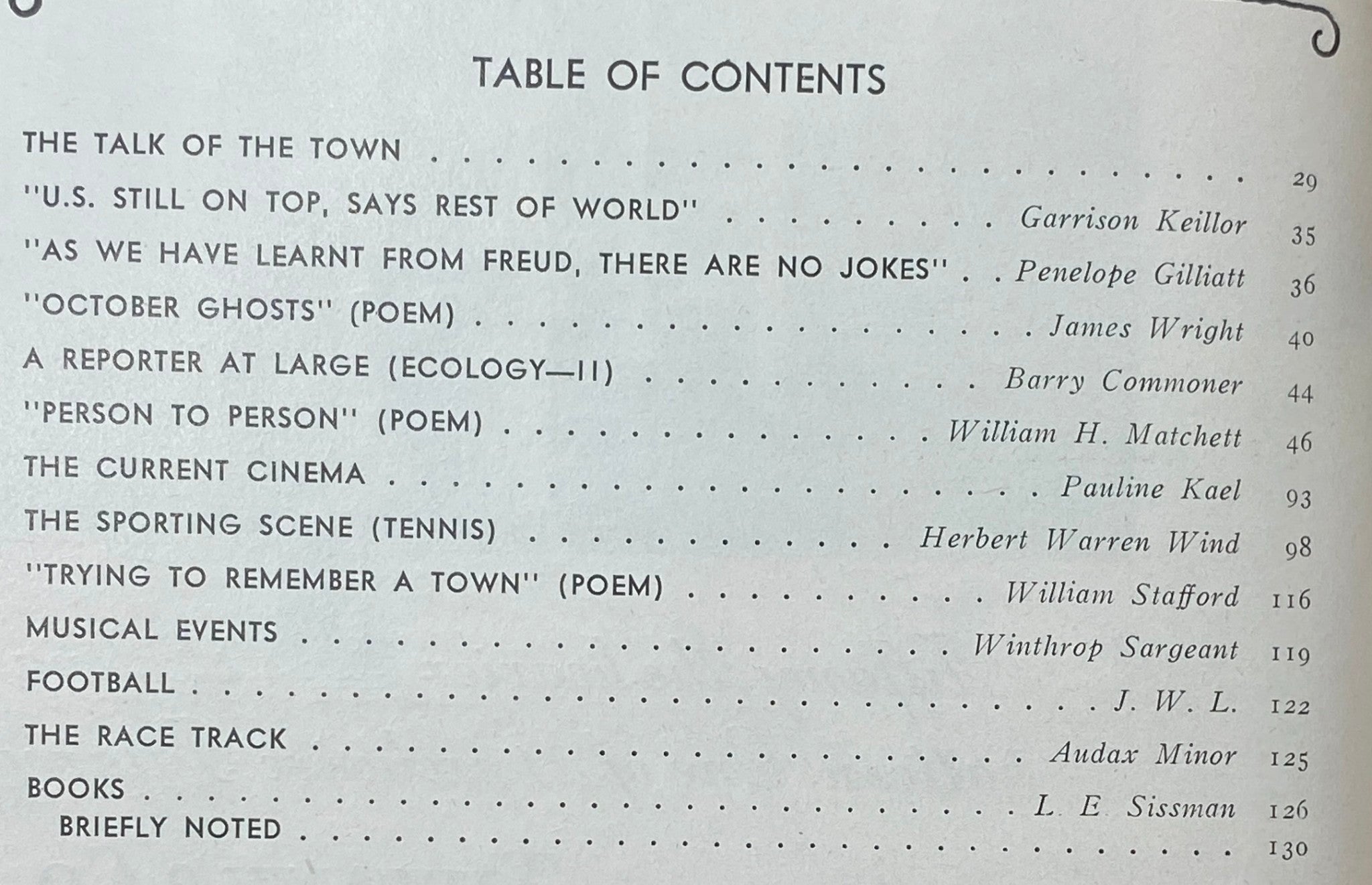 Table of contents from The New Yorker magazine, October 2, 1971, listing significant articles and poems including 'U.S. STILL ON TOP, SAYS REST OF WORLD' and 'OCTOBER GHOSTS'.