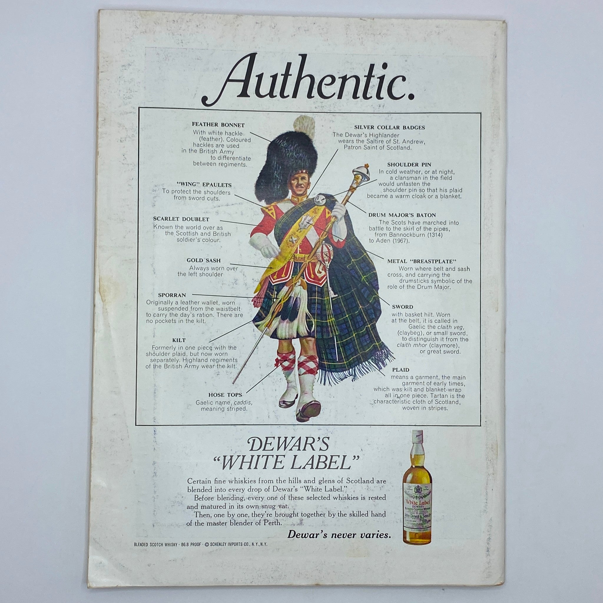 Vintage advertisement page for Dewar's White Label whisky from The New Yorker Complete Magazine October 16, 1971, illustrating Scottish attire and detailing traditional Highland dress.