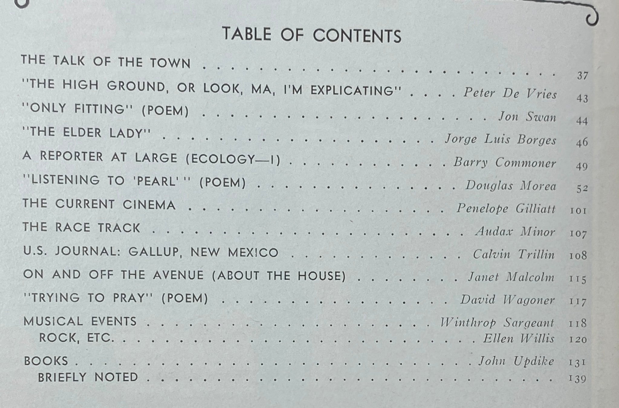 Table of Contents from The New Yorker magazine dated September 25, 1971, highlighting featured articles by notable writers like Peter De Vries and Jorge Luis Borges, an essential reference for literary enthusiasts.