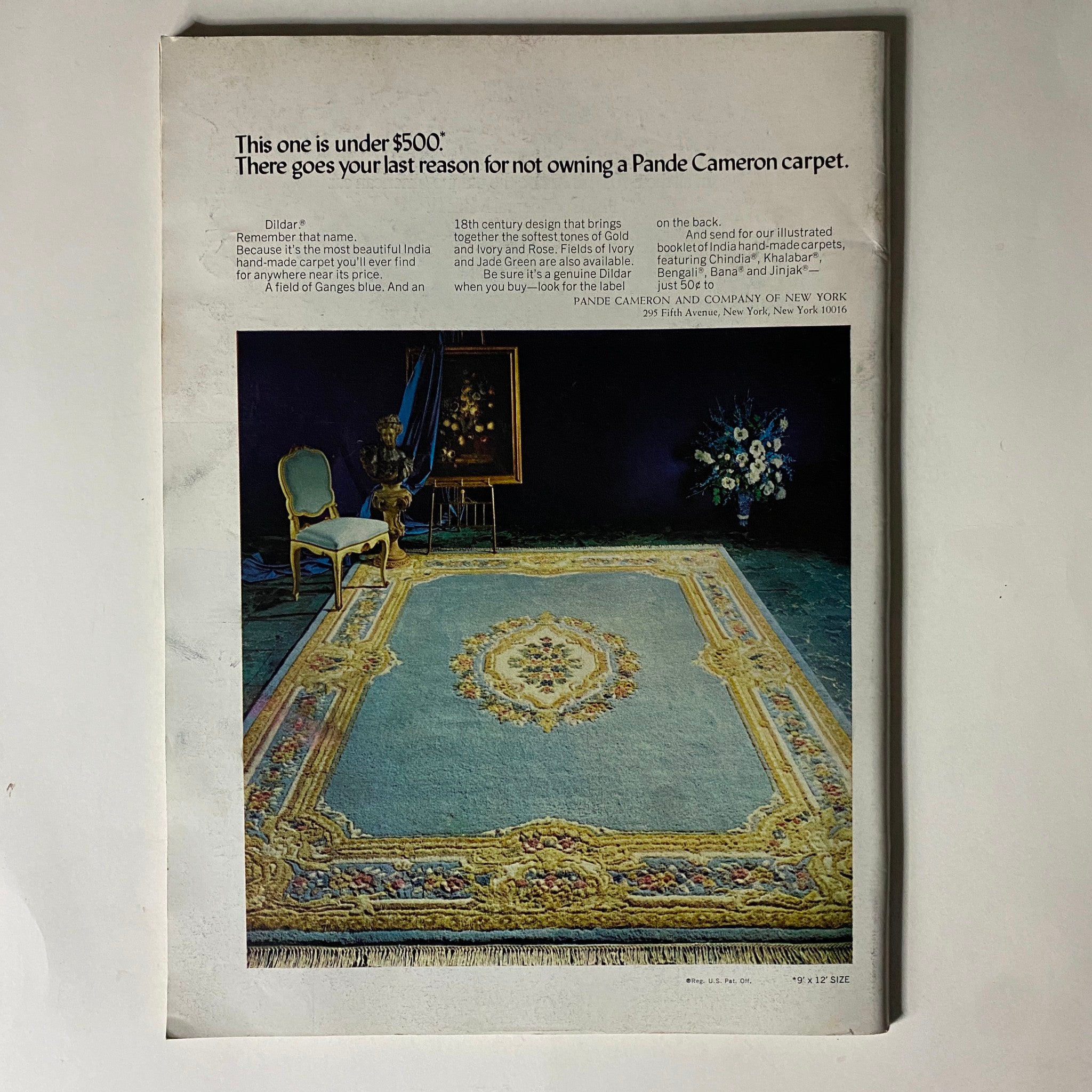 Back cover advertisement from The New Yorker magazine September 25, 1971, promoting Pande Cameron carpets with a beautifully styled photo of an elegant carpet and chair, indicative of mid-century home decor.