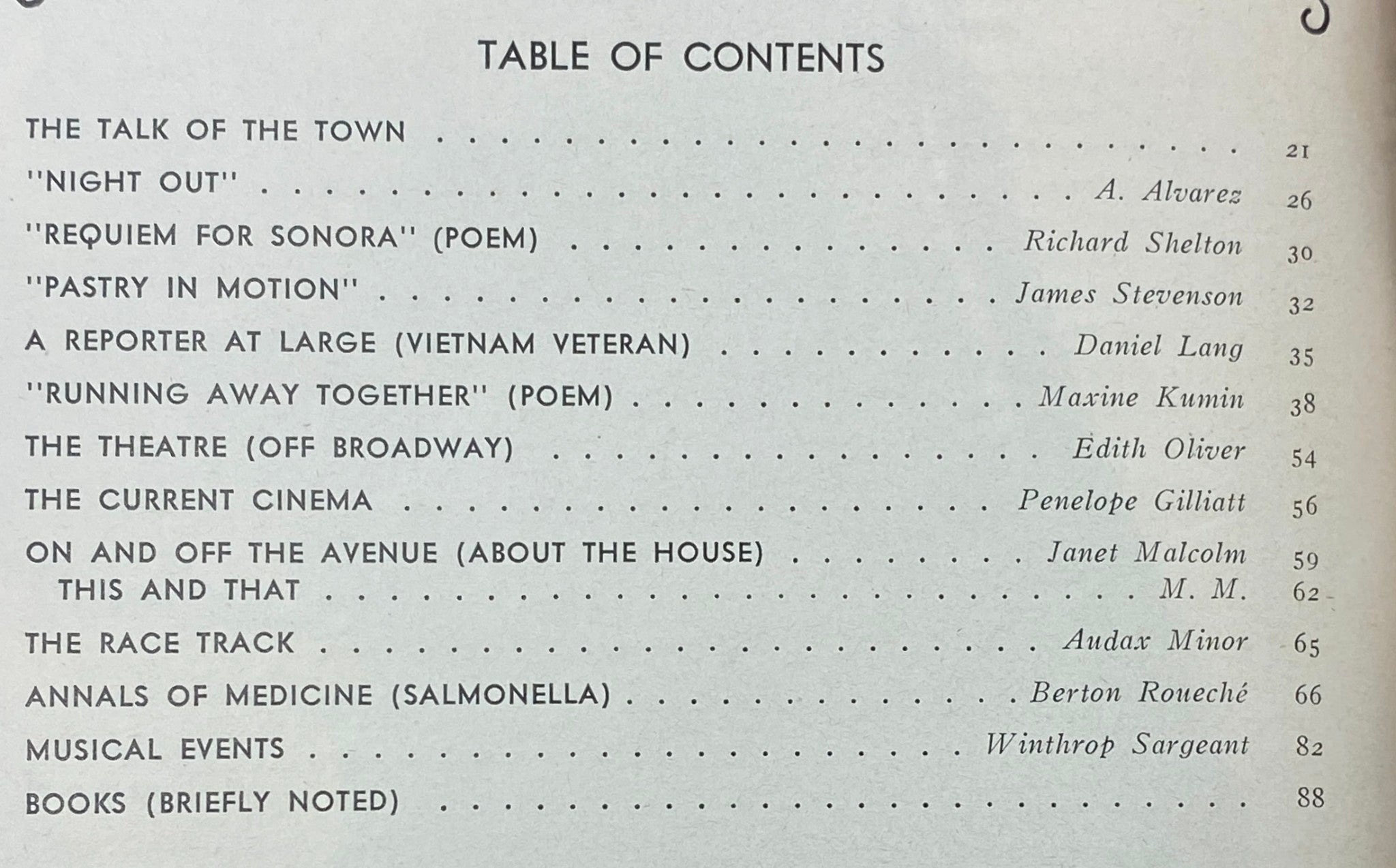 Table of Contents page from The New Yorker September 4, 1971, listing notable articles including 'Night Out' and 'A Reporter at Large (Vietnam Veteran)', a historical literary piece.