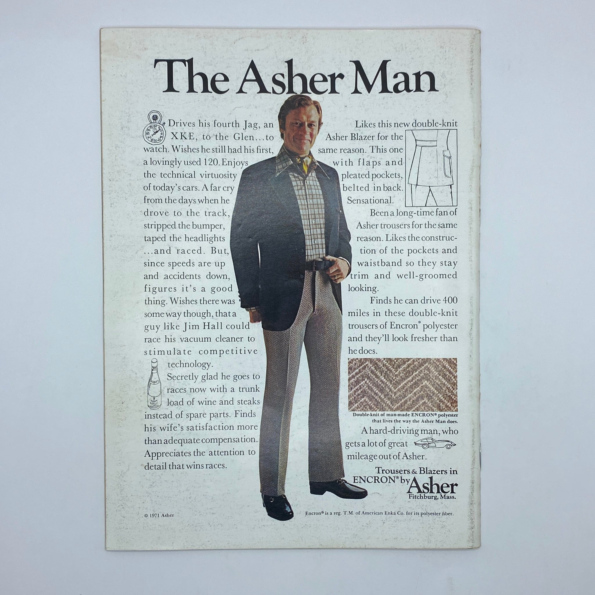 Vintage advertisement for Asher clothing featuring a man in a blazer and trousers, illustrated in The New Yorker Complete Magazine September 4, 1971.