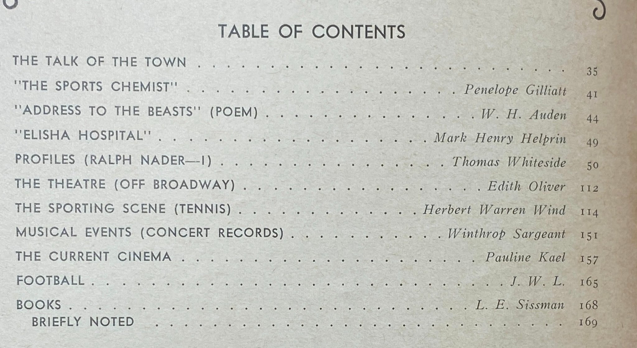 Table of contents from The New Yorker magazine, October 8, 1973, featuring articles such as 'The Sports Chemist' and 'Address to the Beasts'.