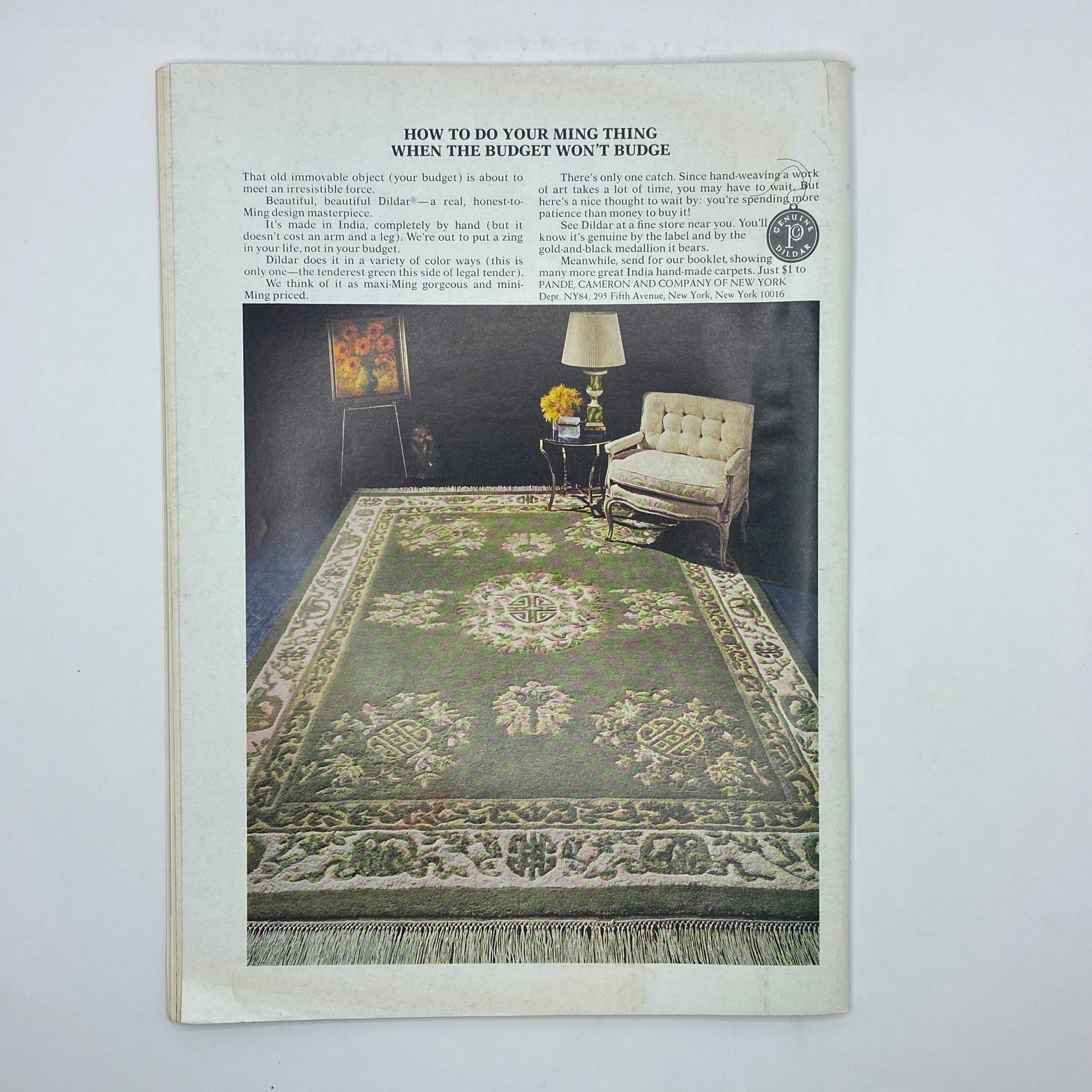 Back cover of The New Yorker Magazine, August 12, 1974, featuring an advertisement for decorative rugs with a stylish living room scene.