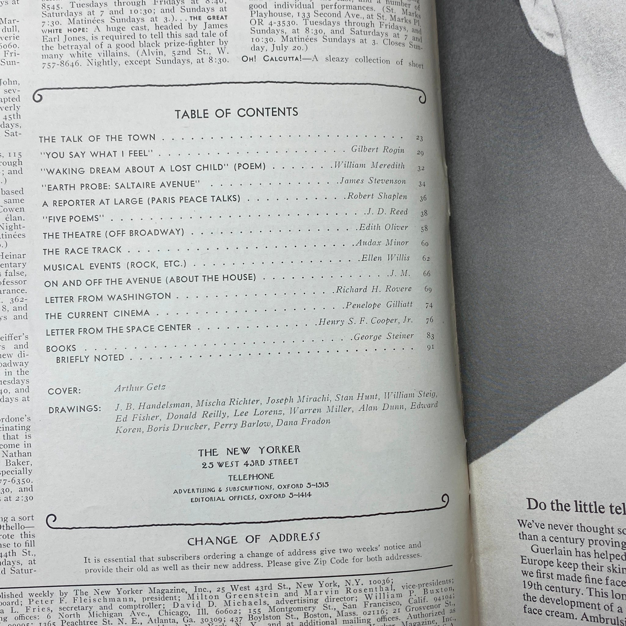 Table of contents for The New Yorker magazine, July 12, 1969, with an Arthur Getz cover. Highlights include literary articles and illustrations by various artists.