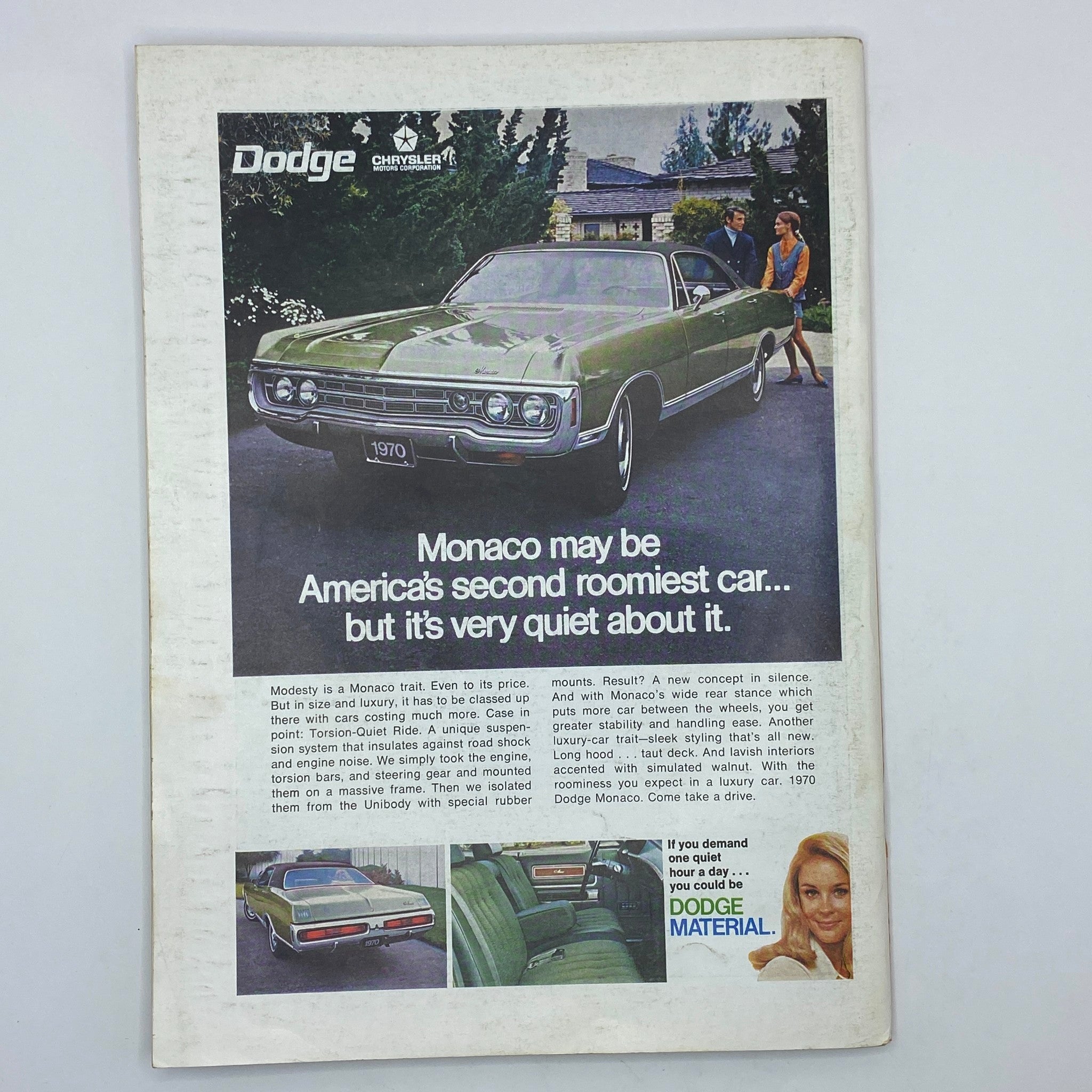 Advertisement from The New Yorker Complete Magazine, October 25, 1969, promoting the 1970 Dodge Monaco car, showcasing its luxurious features and quiet ride.