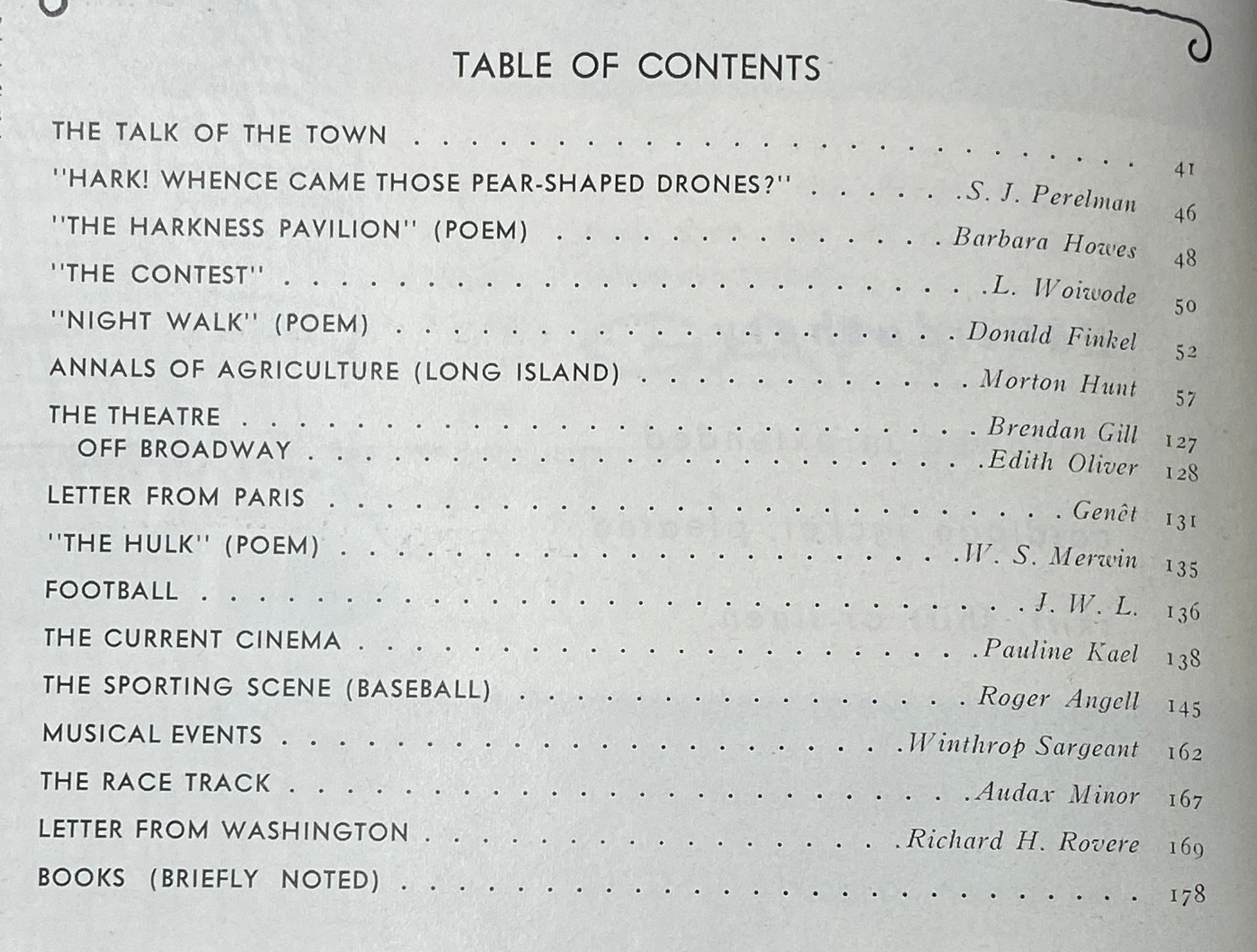 Table of contents from The New Yorker magazine, November 1, 1969, featuring articles like 'HARK! WHENCE CAME THOSE PEAR-SHAPED DRONES?' by S. J. Perelman.