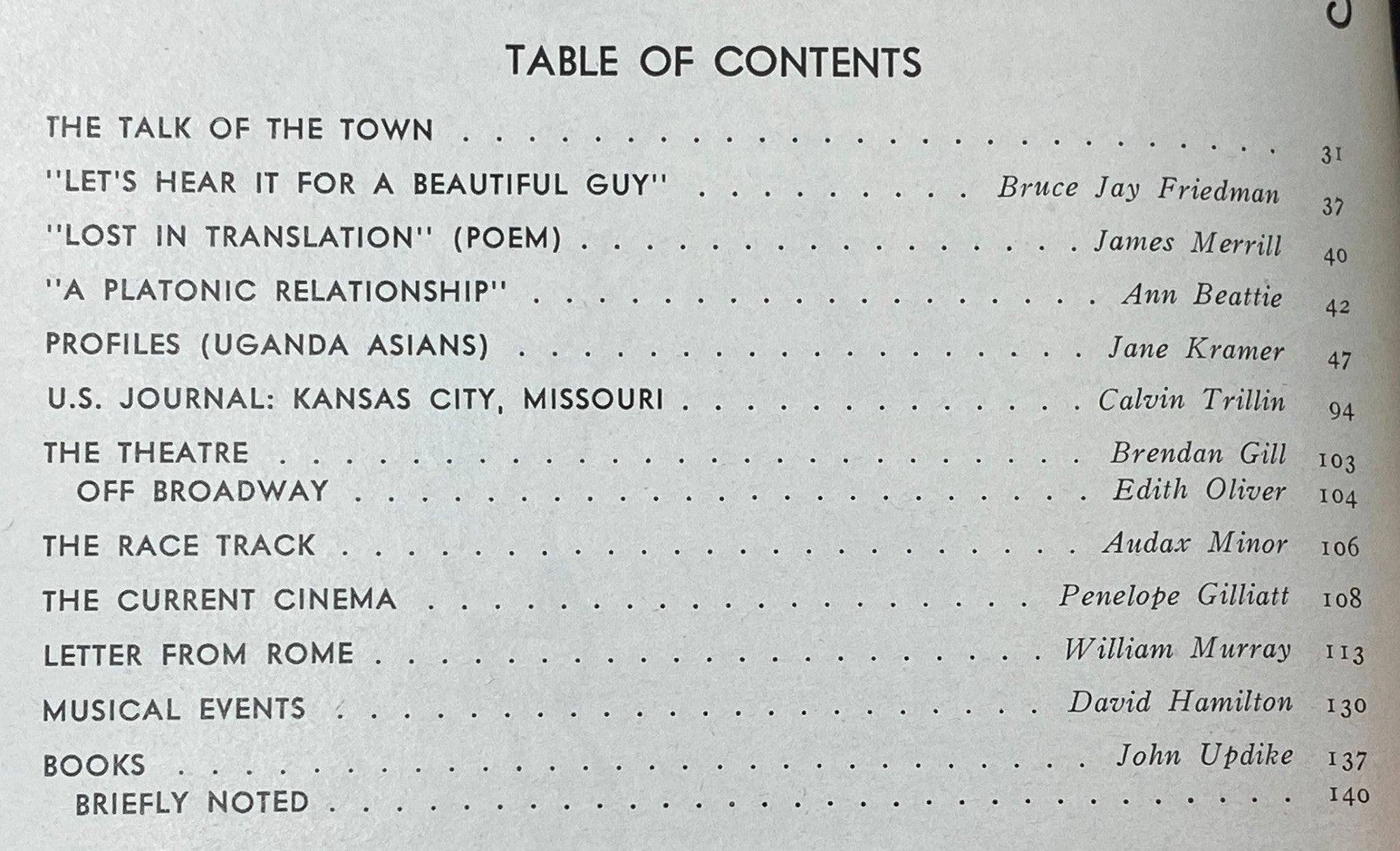 Table of Contents from The New Yorker magazine dated April 8, 1974 listing articles including 'The Talk of the Town,' 'Lost in Translation,' and 'A Platonic Relationship,' reflecting diverse literary content.
