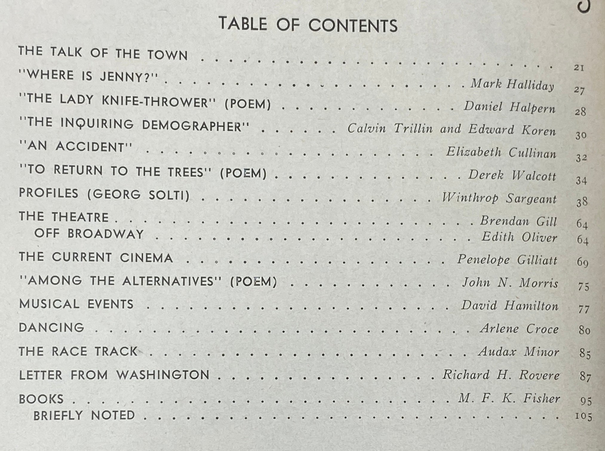 Table of Contents from The New Yorker Complete Magazine May 27, 1974, outlining various articles and poems featured in this vintage issue, showcasing the literary style of the era.