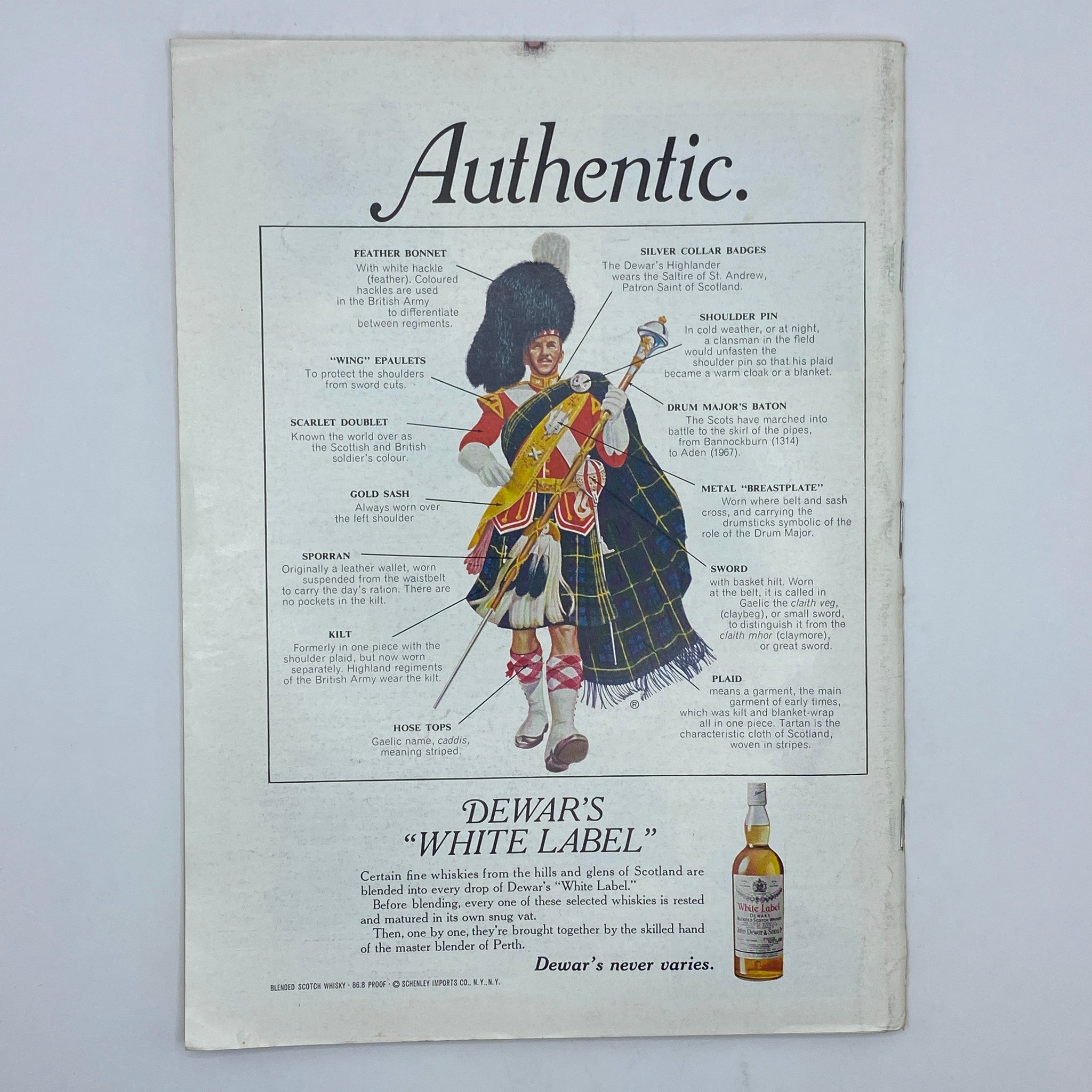 Back cover of The New Yorker Complete Magazine May 27, 1974 displaying an advertisement for Dewar's White Label whiskey, featuring a Highland soldier and detailing the components of traditional Scottish dress.