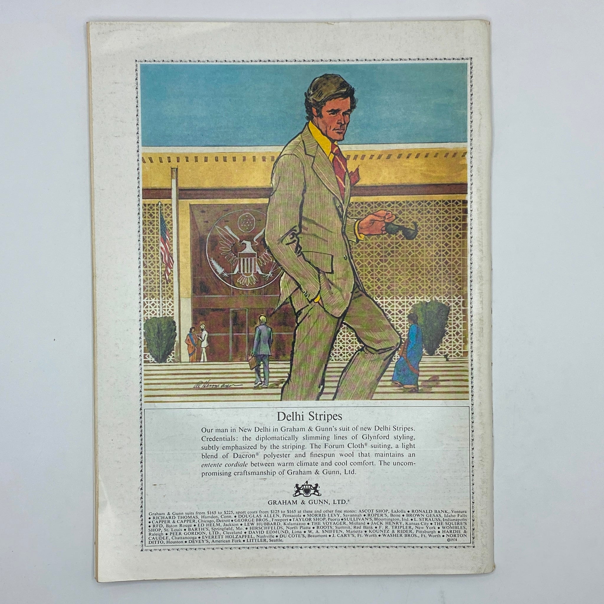 Back cover advertisement of The New Yorker Complete Magazine April 1, 1974 showcasing 'Delhi Stripes' by Graham & Gunn, with a stylishly illustrated model in formal wear.