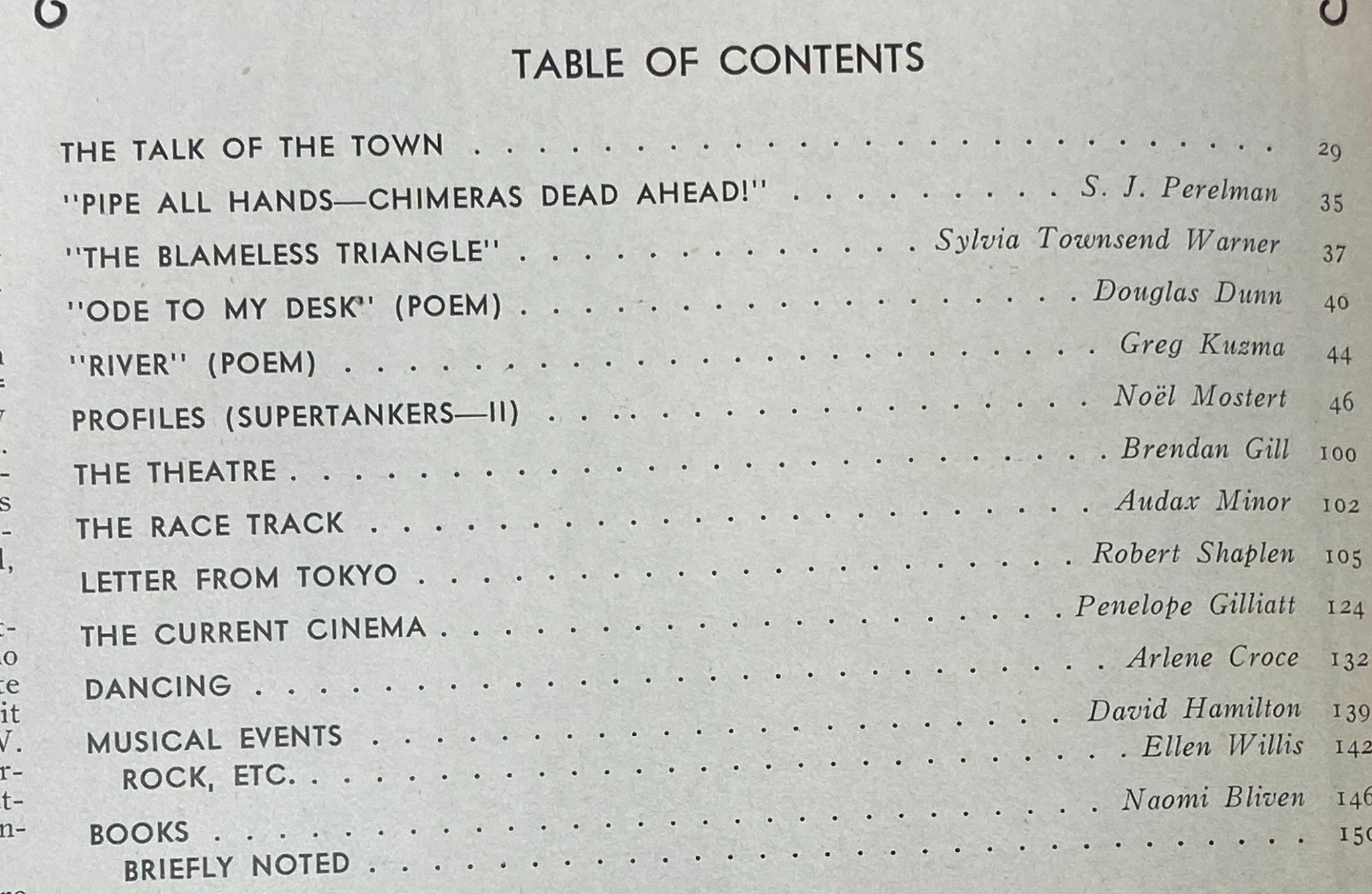 Table of contents from The New Yorker magazine May 20, 1974, featuring notable articles and poems, including S. J. Perelman's 'Pipe All Hands—Chimeras Dead Ahead!' and Douglas Dunn's 'Ode to My Desk'.