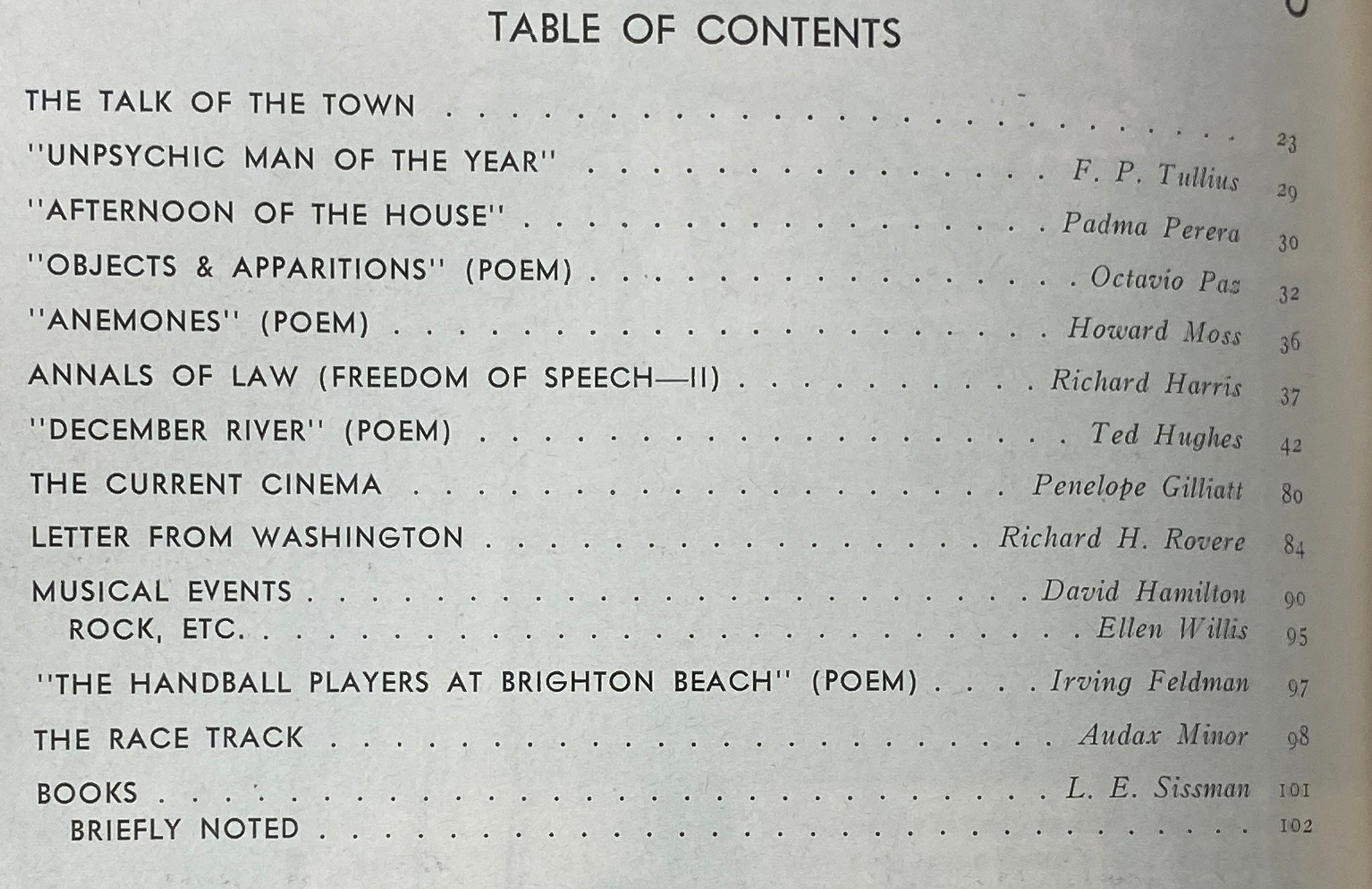 Table of contents from The New Yorker magazine dated June 24, 1974, listing featured articles and poetry, including contributions from Octavio Paz and Ted Hughes.