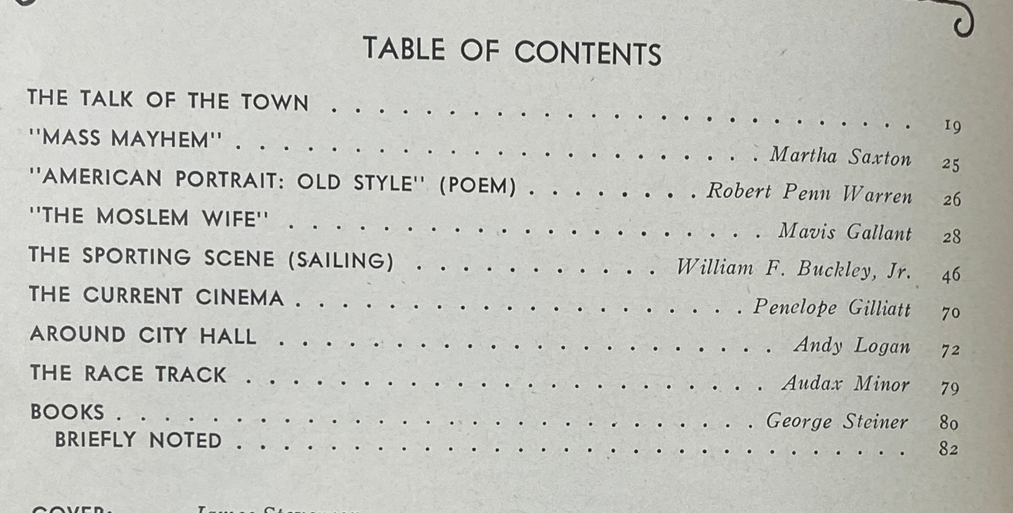 Table of contents from The New Yorker Complete Magazine August 23, 1976, listing articles such as 'Mass Mayhem' by Martha Saxton and 'The Current Cinema' by Penelope Gilliatt.