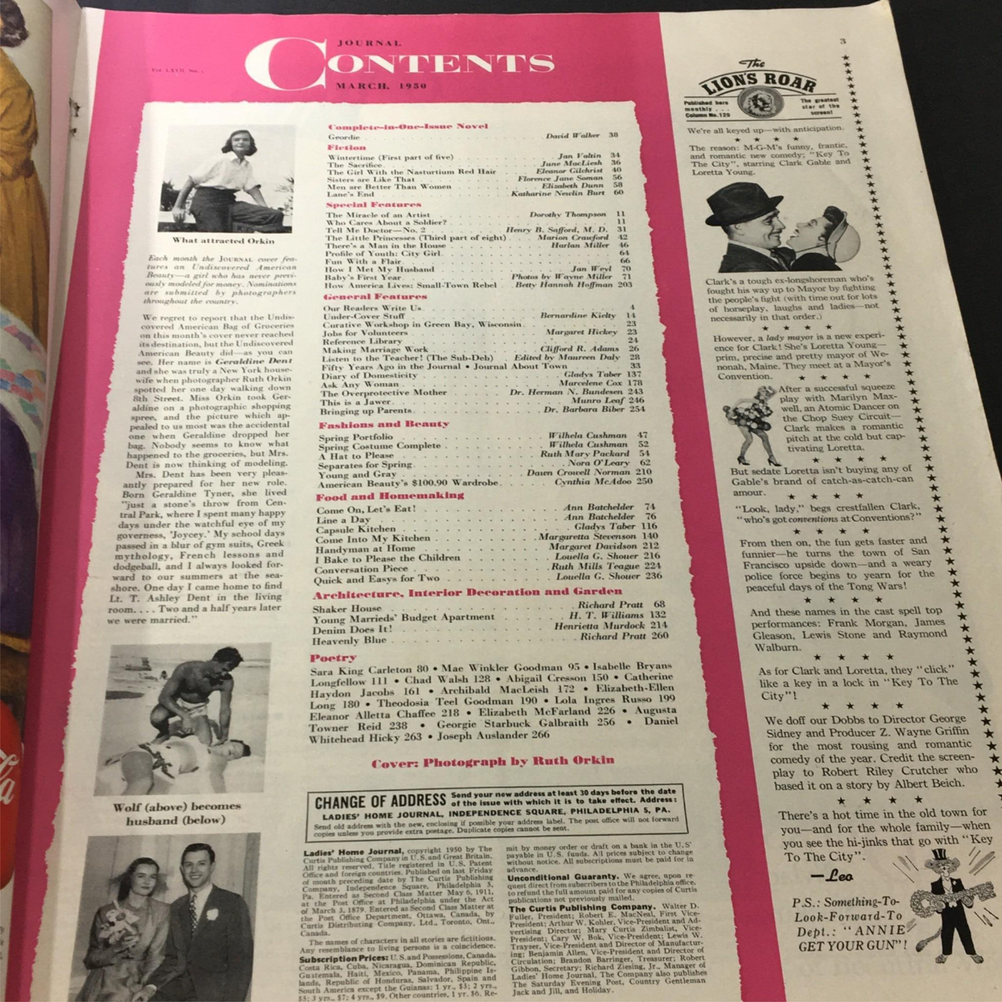 Contents page of the VTG Journal Magazine March 1950 listing articles including 'Complete-one-issue Novel' and features on literature and beauty, reflecting 1950s culture.