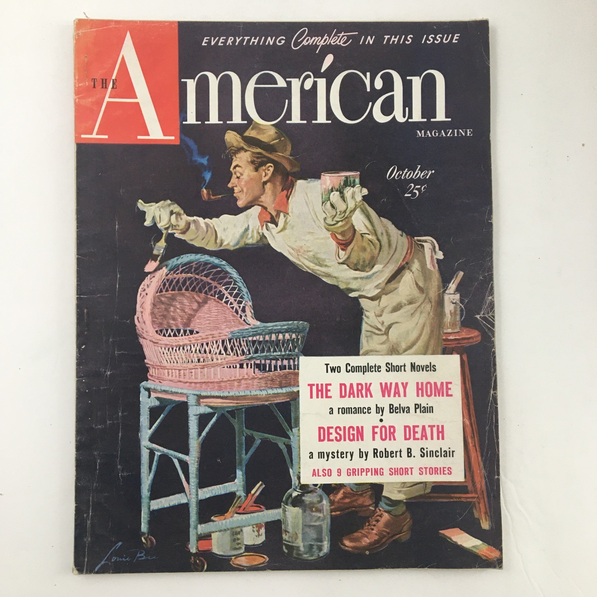 The American Magazine October 1950 Cover Painting by Lonie Bee, showcasing a vintage illustration of a man painting a wicker baby carriage with a red hat on, surrounded by art supplies. A collectible piece of mid-20th century history.