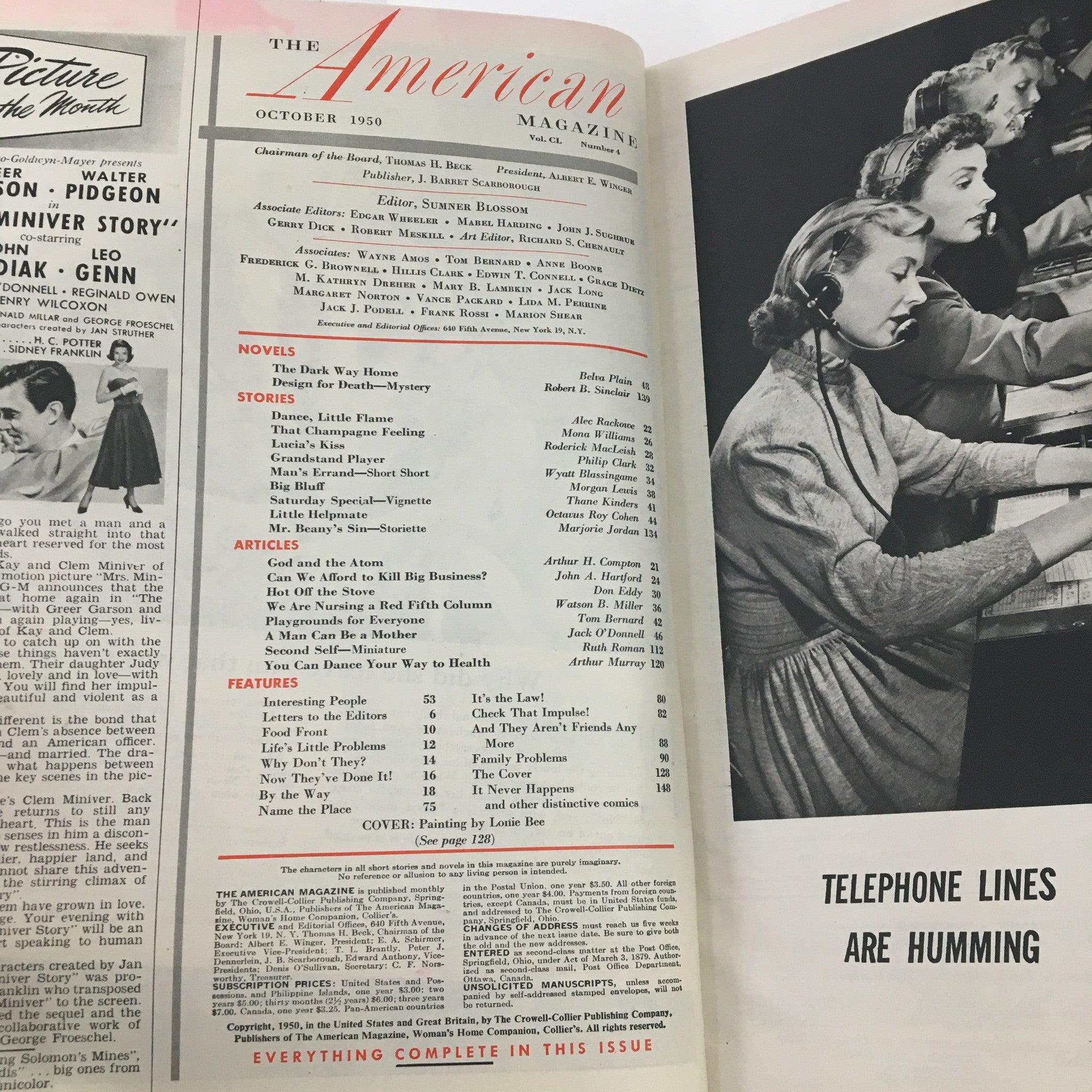 The American Magazine October 1950 Cover Painting by Lonie Bee, featuring an interior page with magazine content listings, articles, and stories from the mid-20th century.