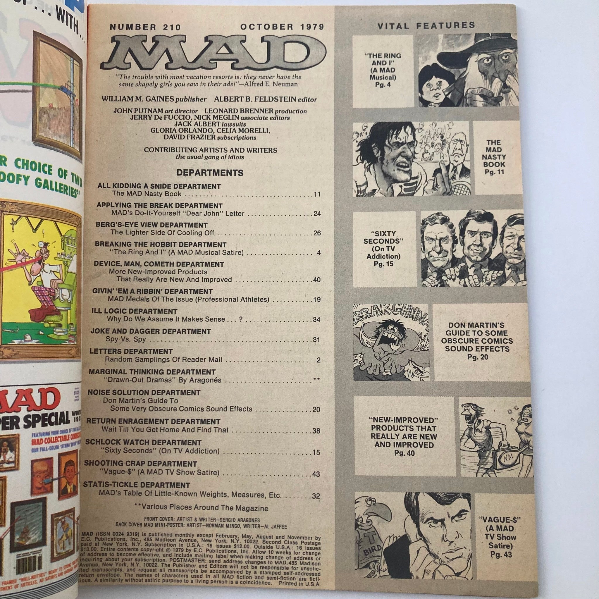 VTG Mad Magazine October 1979 No. 210 Lord of The Rings Musical 4.0 VG No Label