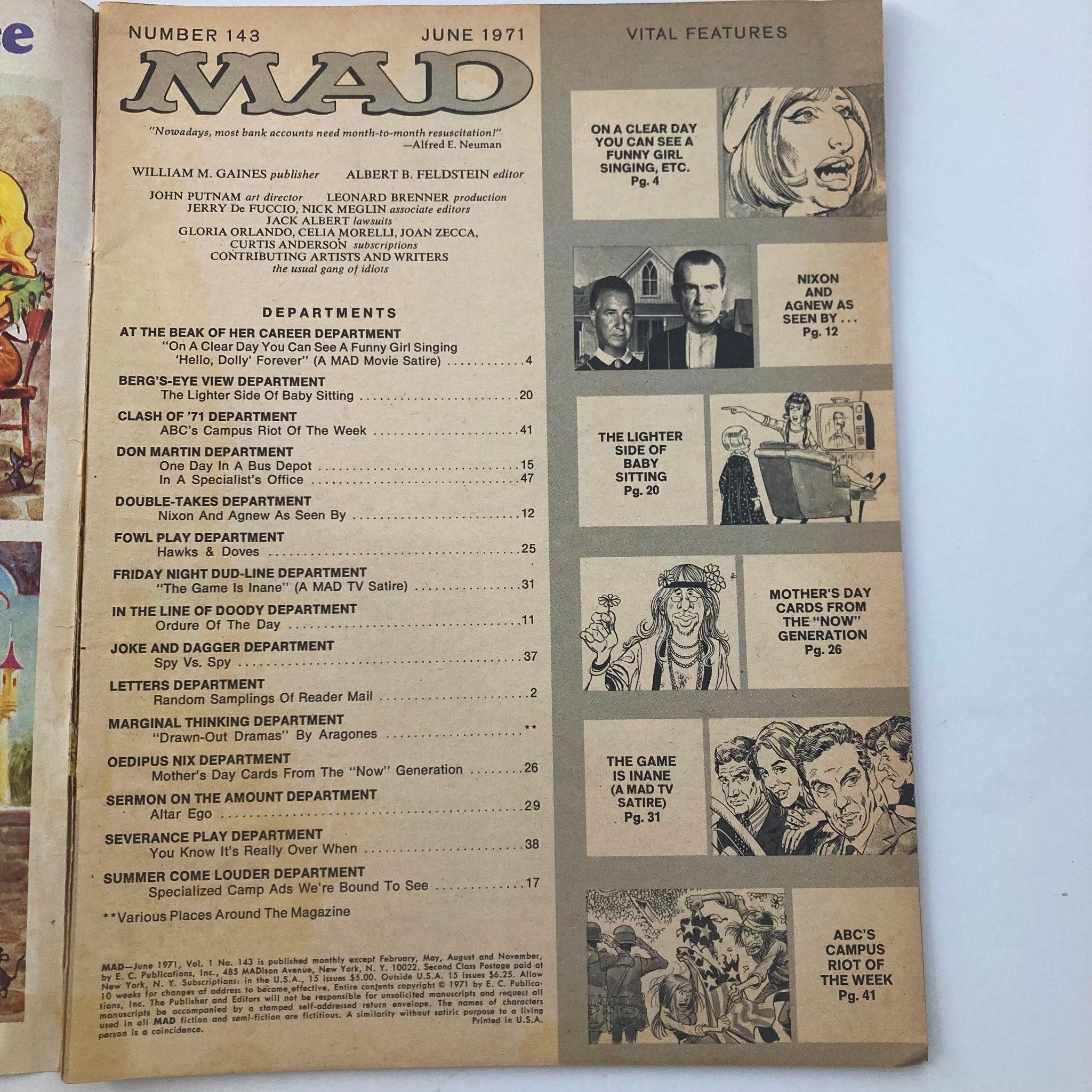 VTG Mad Magazine June 1971 No. 143 'Hello Dolly' Forever 4.0 VG No Label