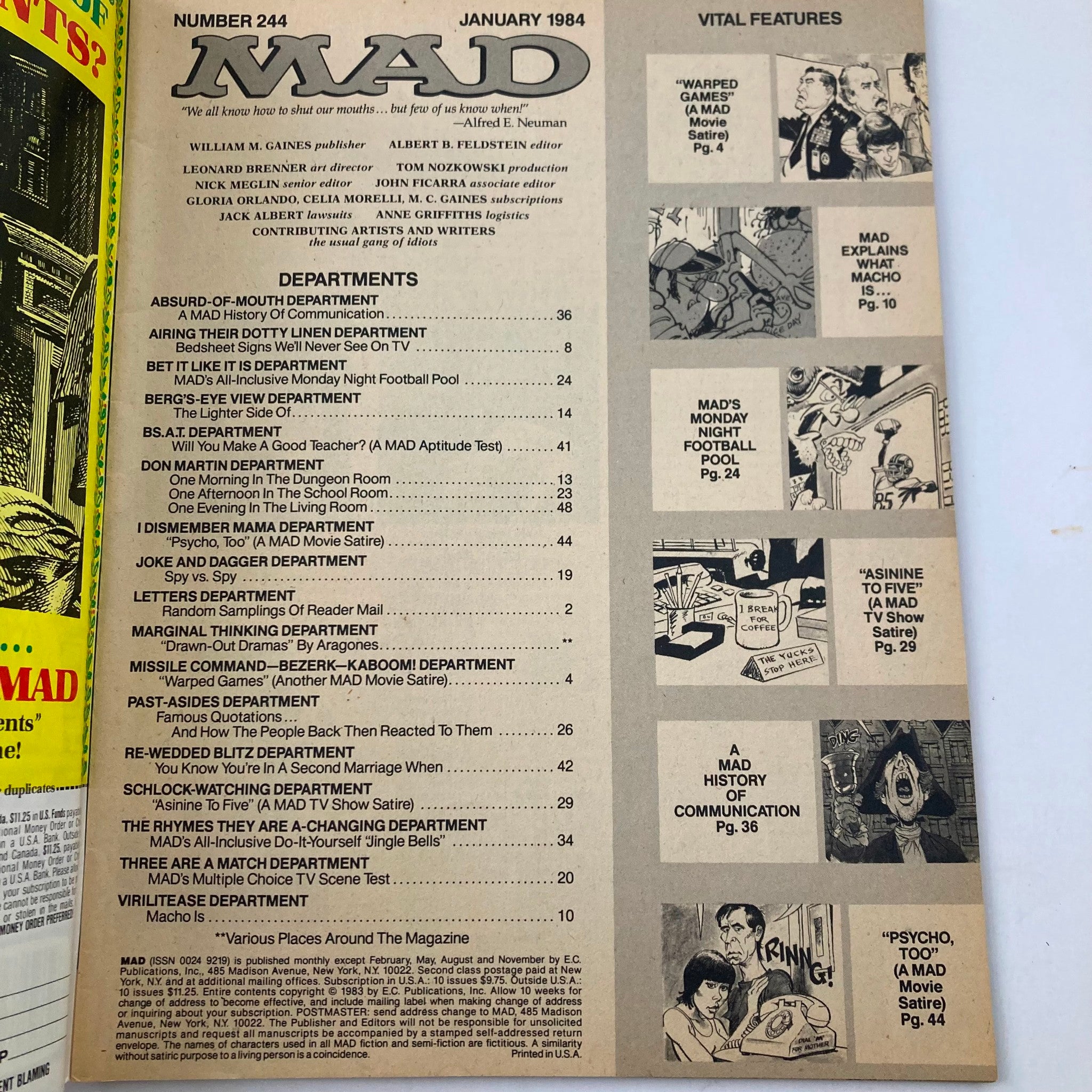 VTG Mad Magazine January 1984 No. 244 War Games & Psycho II 6.0 FN No Label