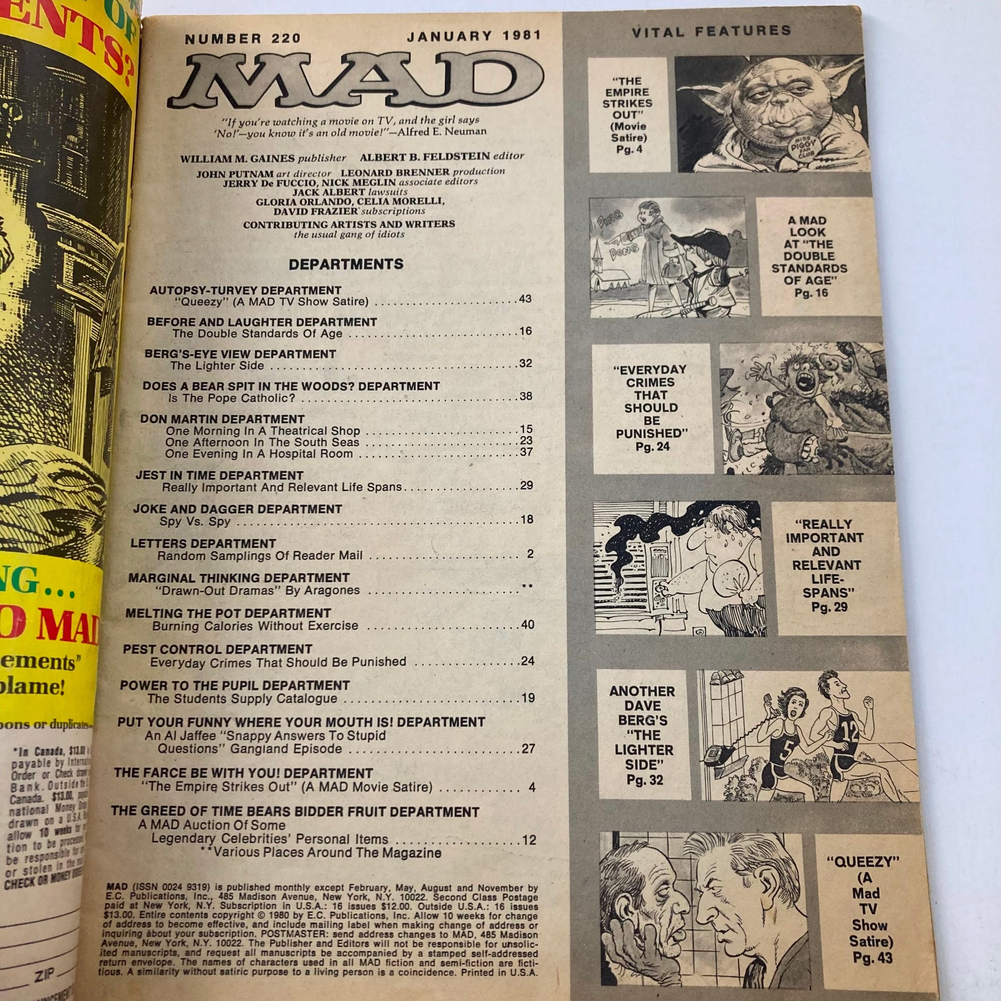 VTG Mad Magazine January 1981 No. 220 Alfred Yoda 2.0 GD Good No Label