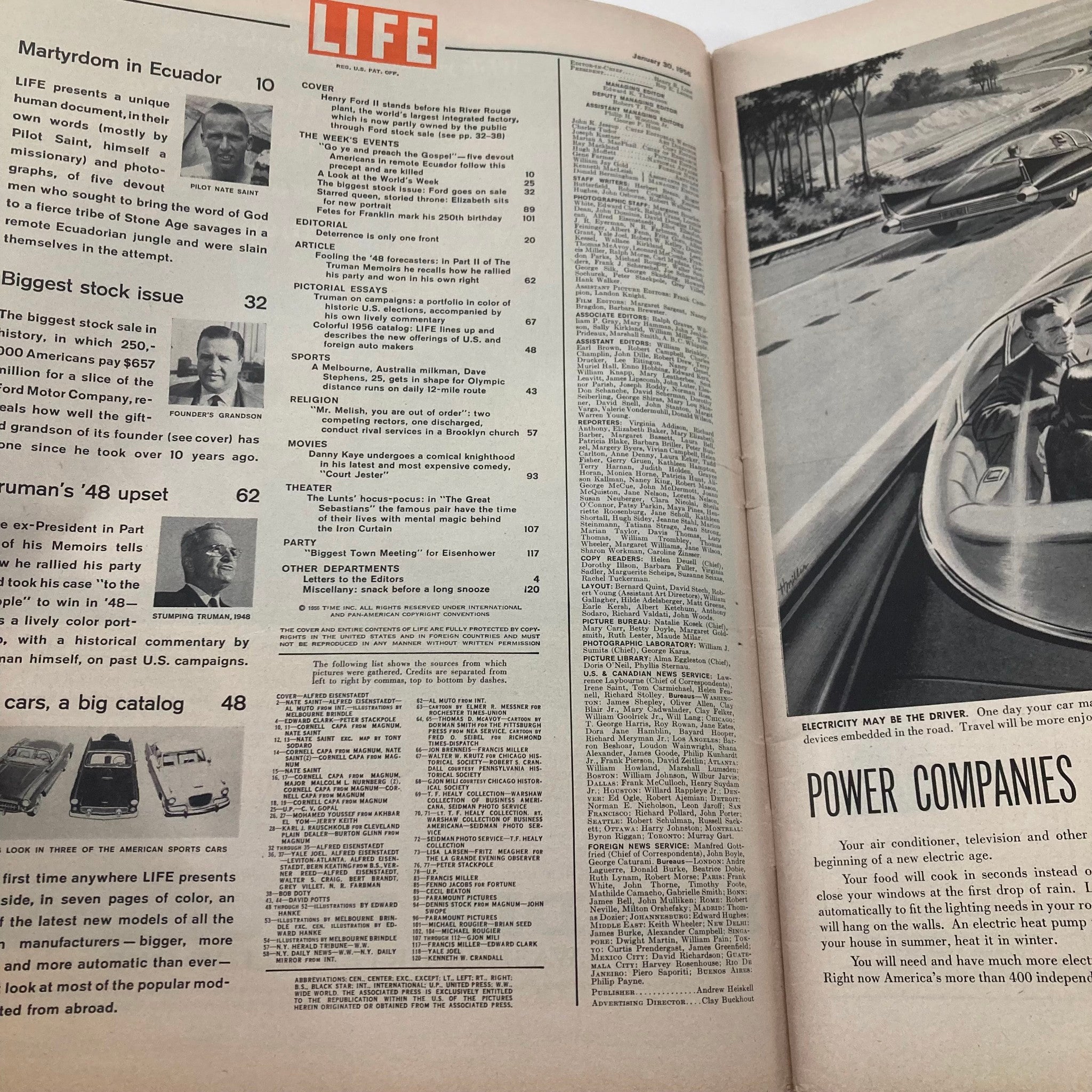Inside page of VTG Life Magazine from January 30 1956, featuring a table of contents, discussing topics such as electricity and Truman's 48 election upset.
