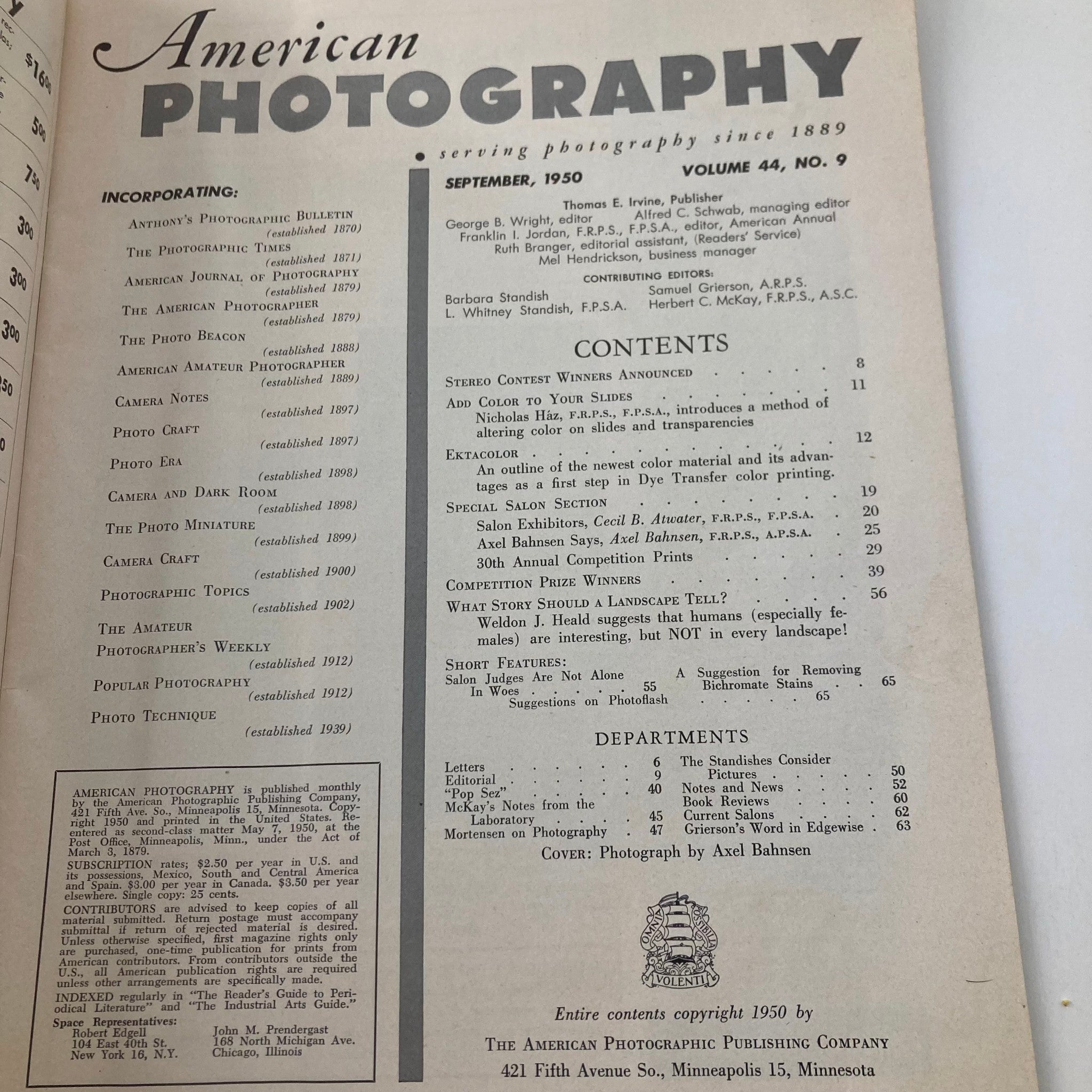 VTG American Photography Magazine September 1950 Salon Judges Issue No Label