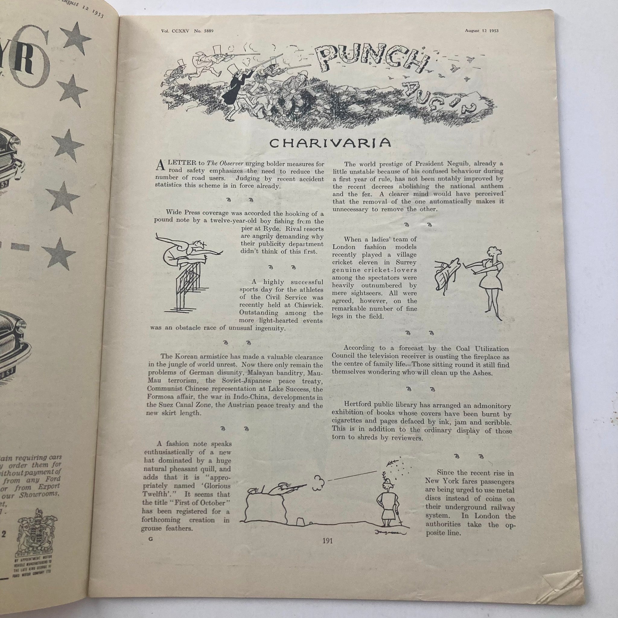 VTG Punch Magazine August 12 1953 Vol 225 #5889 WWII Cartoon & Humour No Label