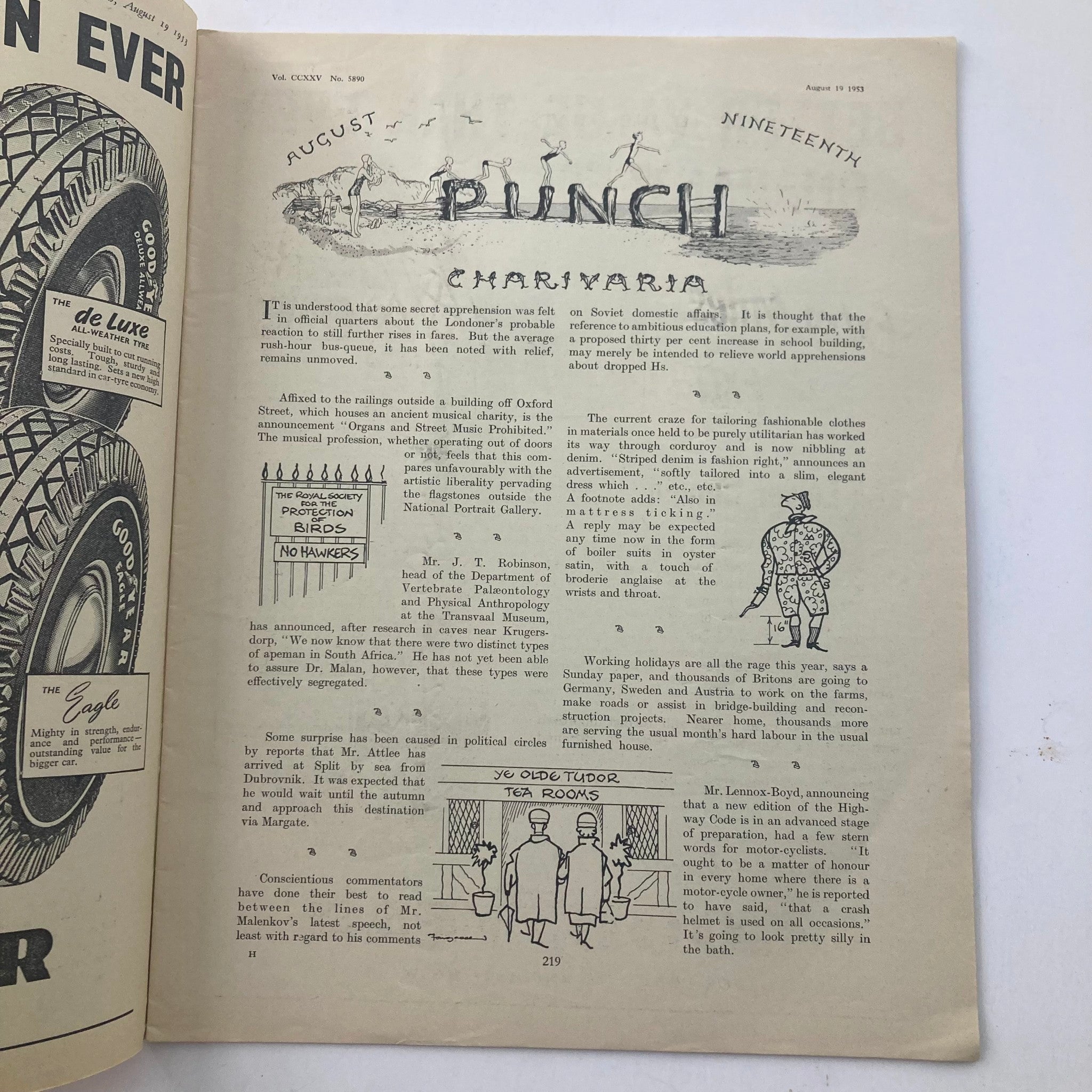 VTG Punch Magazine August 19 1953 Vol 225 #5890 WWII Cartoon & Humour No Label