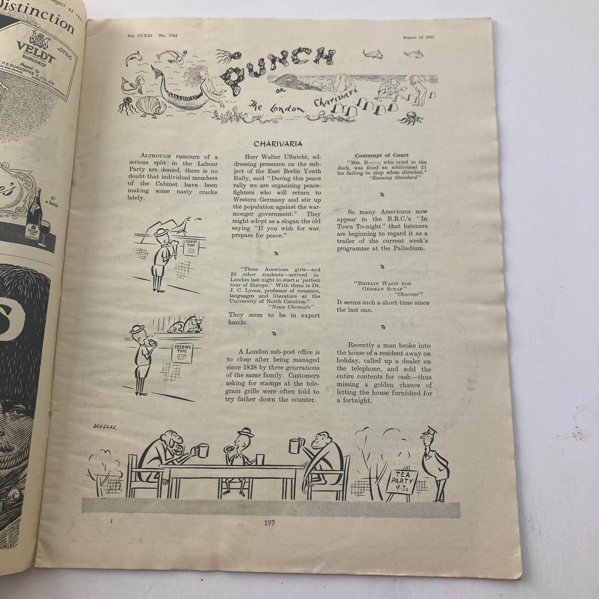 VTG Punch Magazine August 22 1951 Vol 221 #5782 WWII Cartoon & Humour No Label