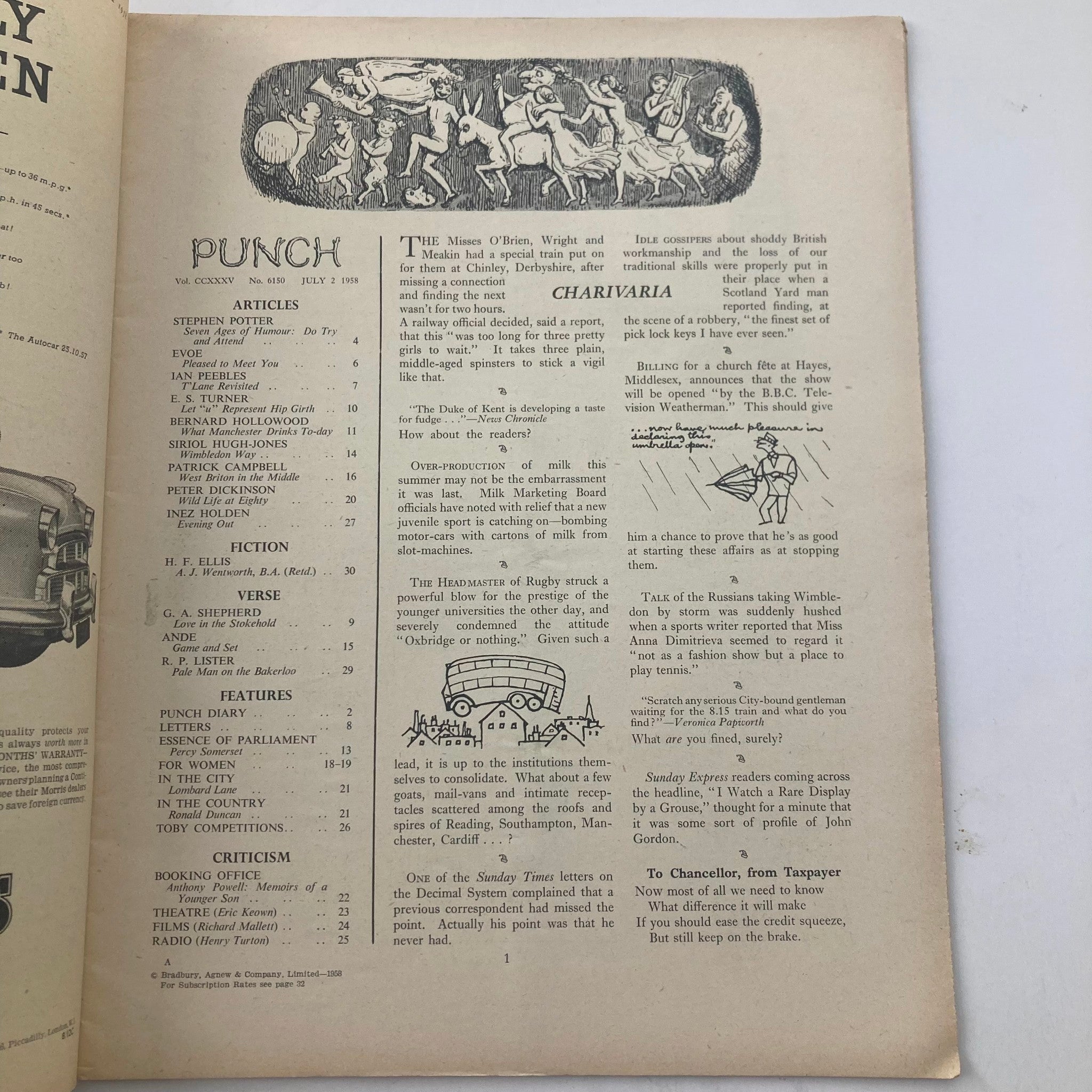 VTG Punch Magazine July 2 1958 Vol 225 #6150 WWII Cartoon & Humour No Label