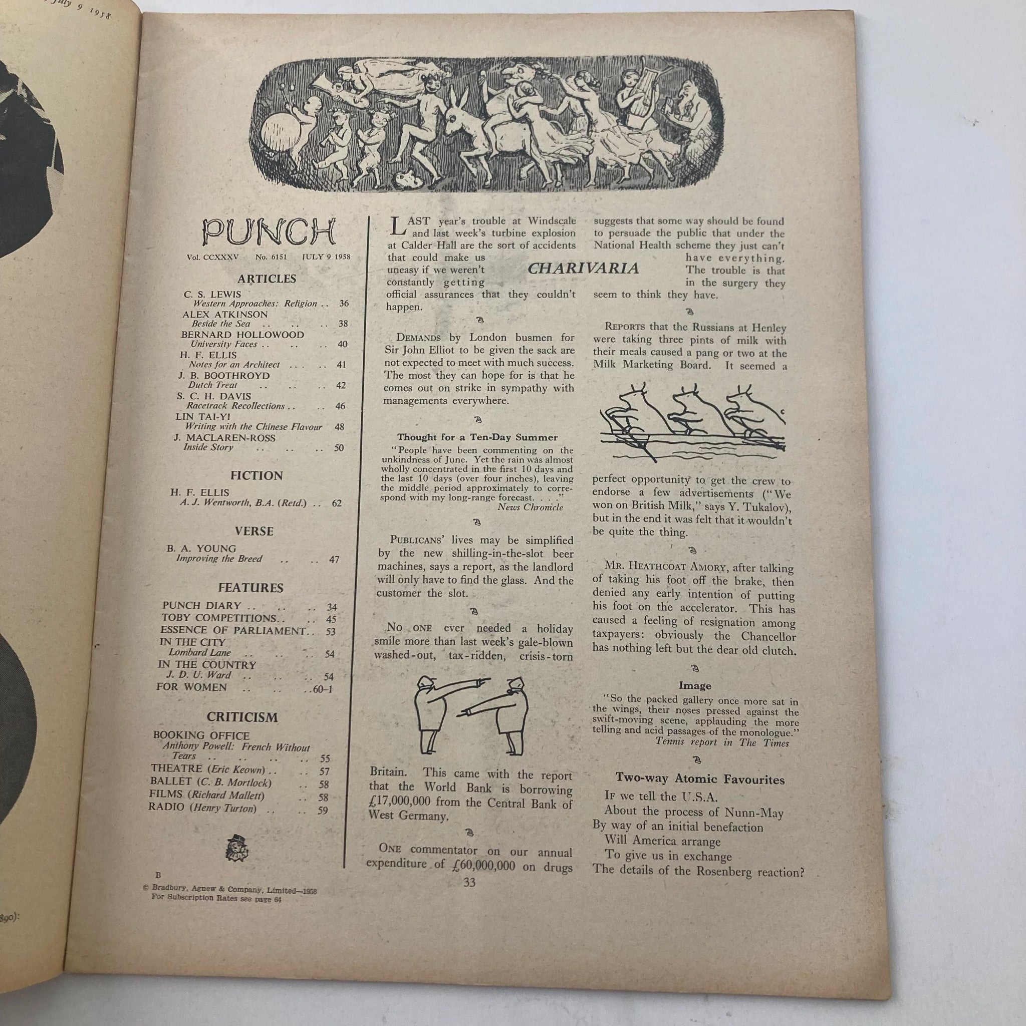 VTG Punch Magazine July 9 1958 Vol 225 #6151 WWII Cartoon & Humour No Label