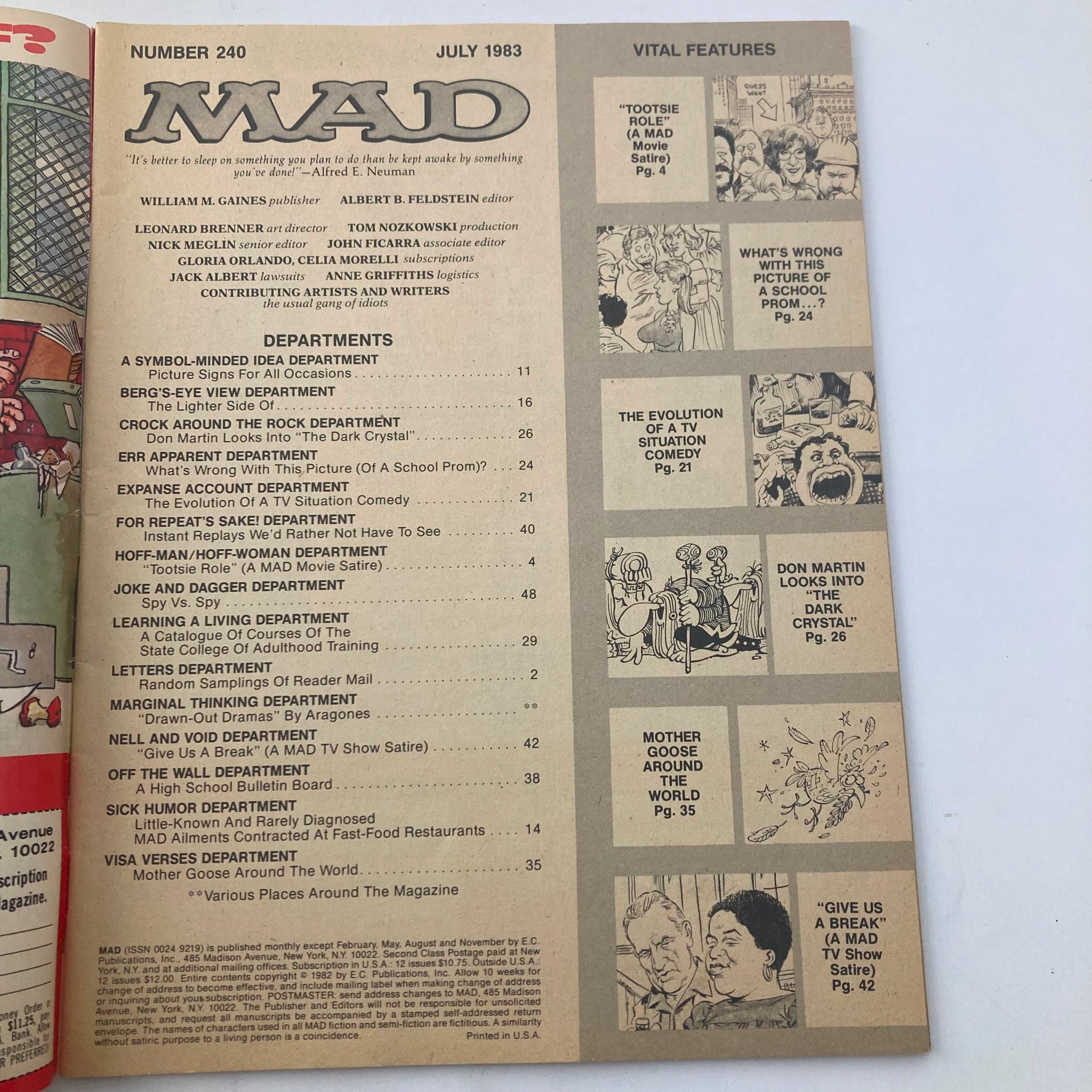 VTG Mad Magazine July 1983 No. 240 Alfred as Tootsie 6.0 FN Fine No Label