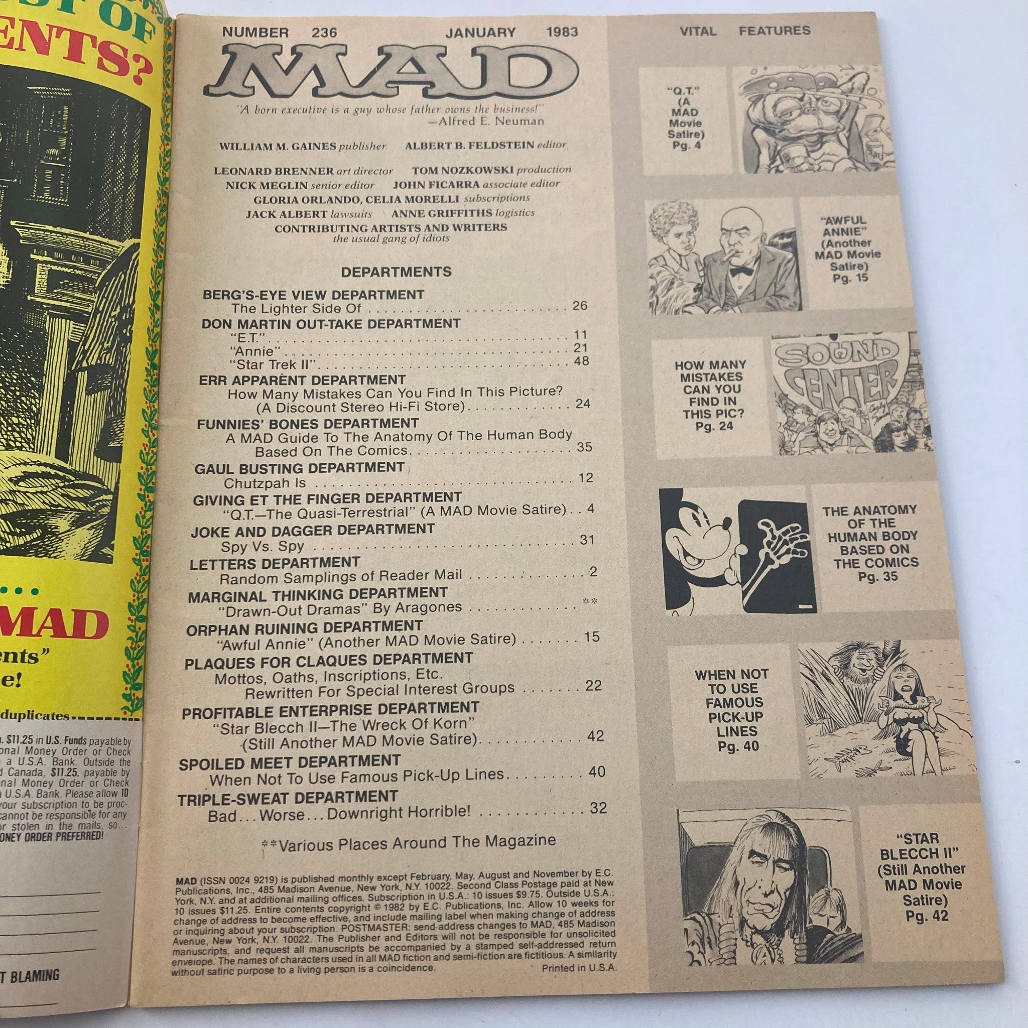 VTG Mad Magazine January 1983 No. 236 ET and Alfred 6.0 FN Fine No Label