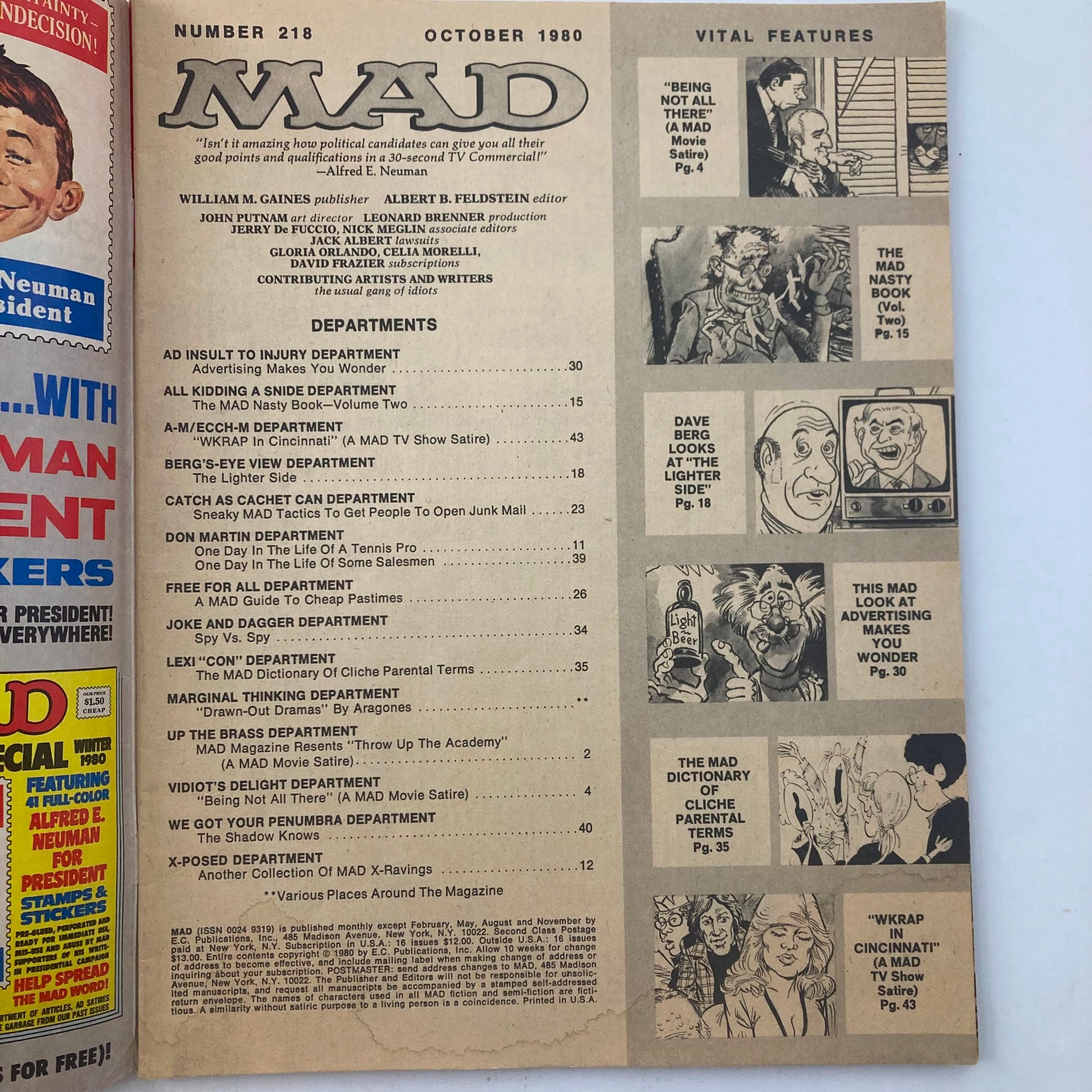 VTG Mad Magazine October 1980 No. 218 Alfred for President 4.0 VG No Label