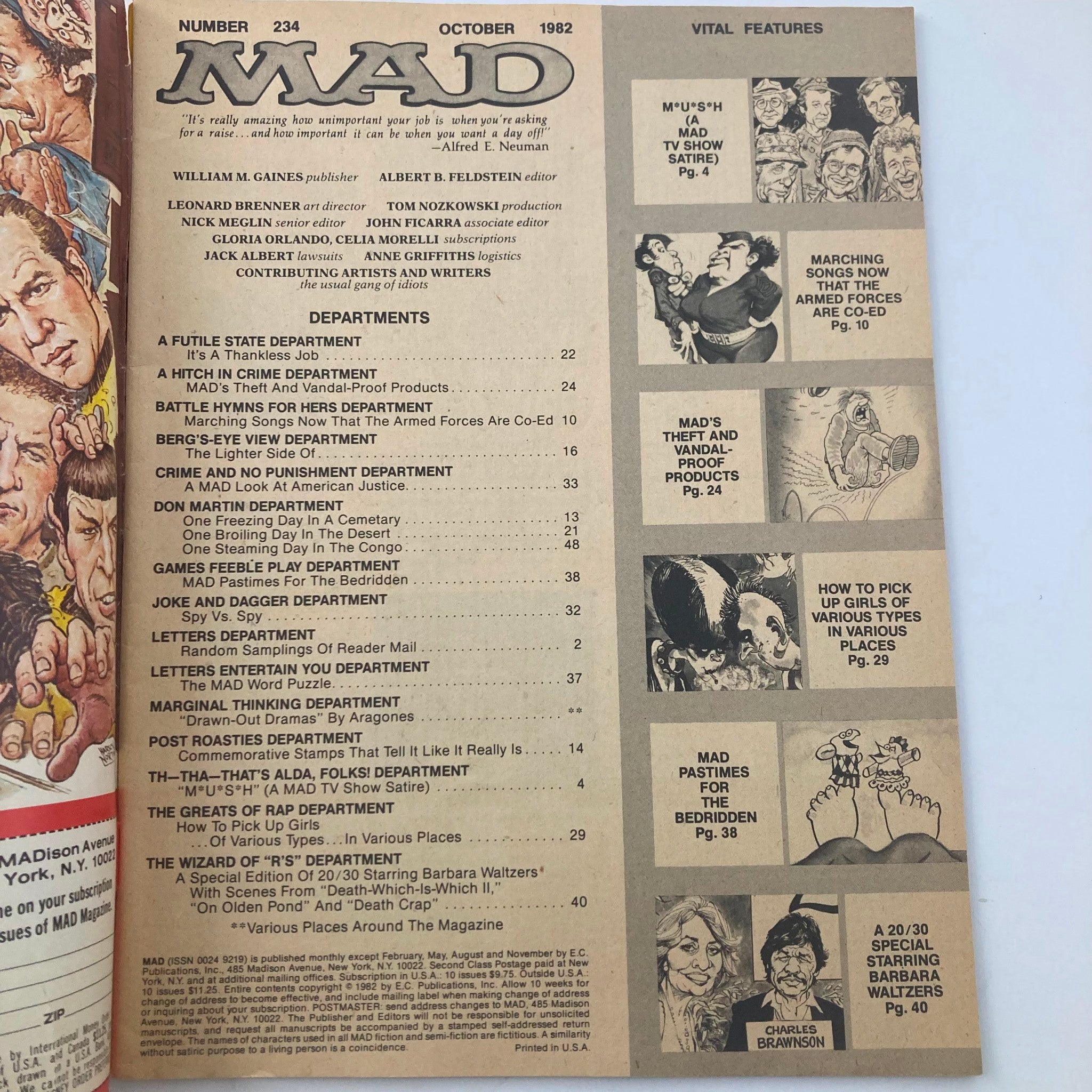 VTG Mad Magazine October 1982 No. 234 Finishes Off MASH 4.0 VG No Label