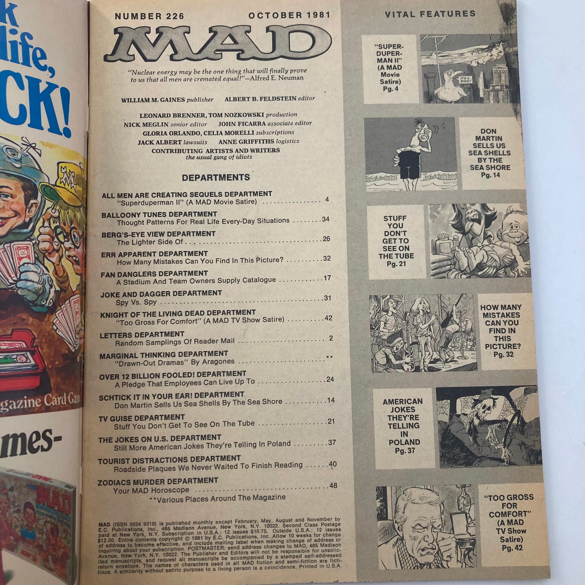 VTG Mad Magazine October 1981 No. 226 Superman II & Alfred 4.0 VG No Label