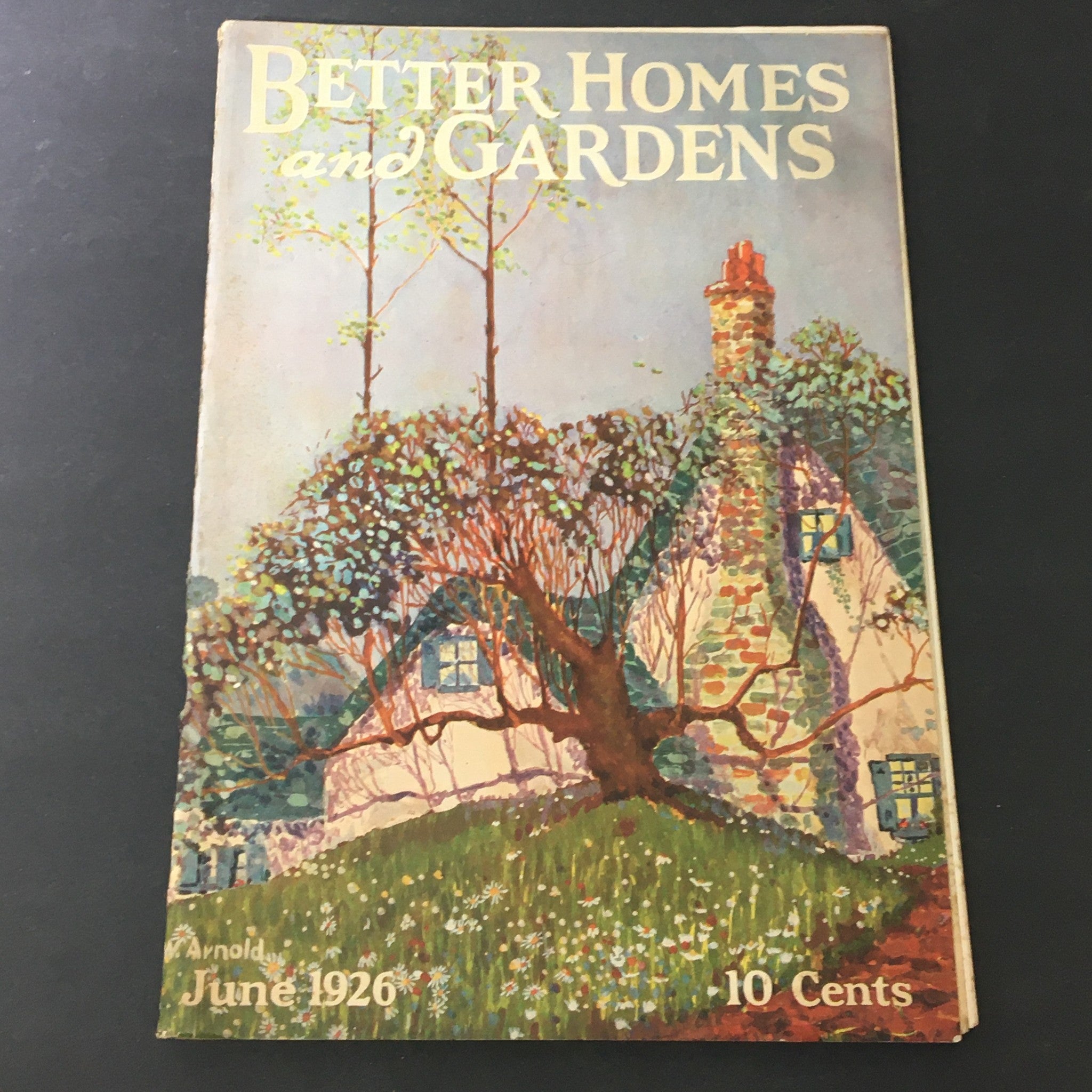 Cover of Better Homes and Gardens June 1926 featuring a colonial cottage with a tree and colorful landscape. Title states 'VTG Better Homes & Gardens June 1926: A Cottage of Colonial Type, Family Vacation'.
