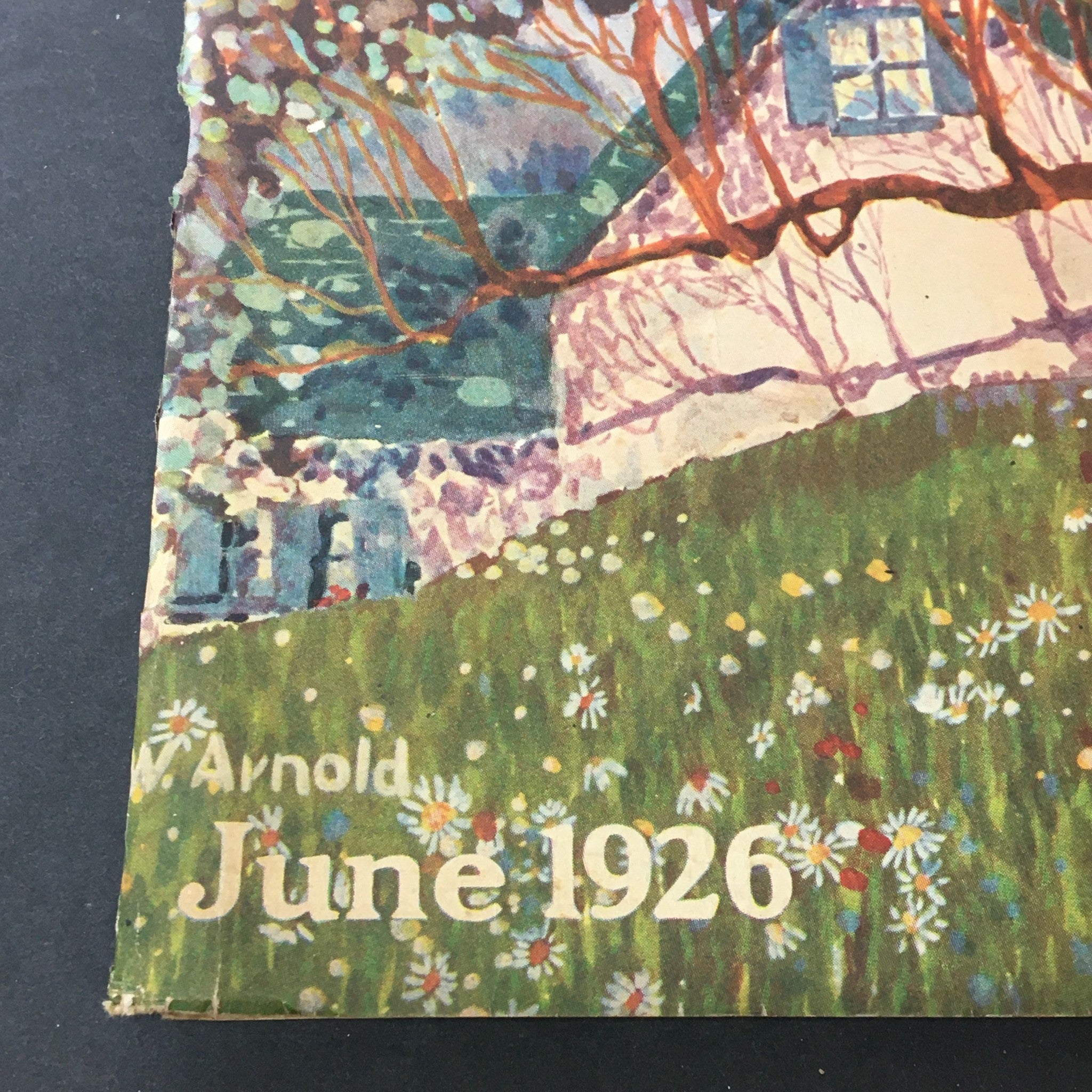 Close-up of the cover of Better Homes and Gardens June 1926 showing the date 'June 1926' and artist signature 'V. Arnold', paired with the title 'VTG Better Homes & Gardens June 1926: A Cottage of Colonial Type, Family Vacation'.