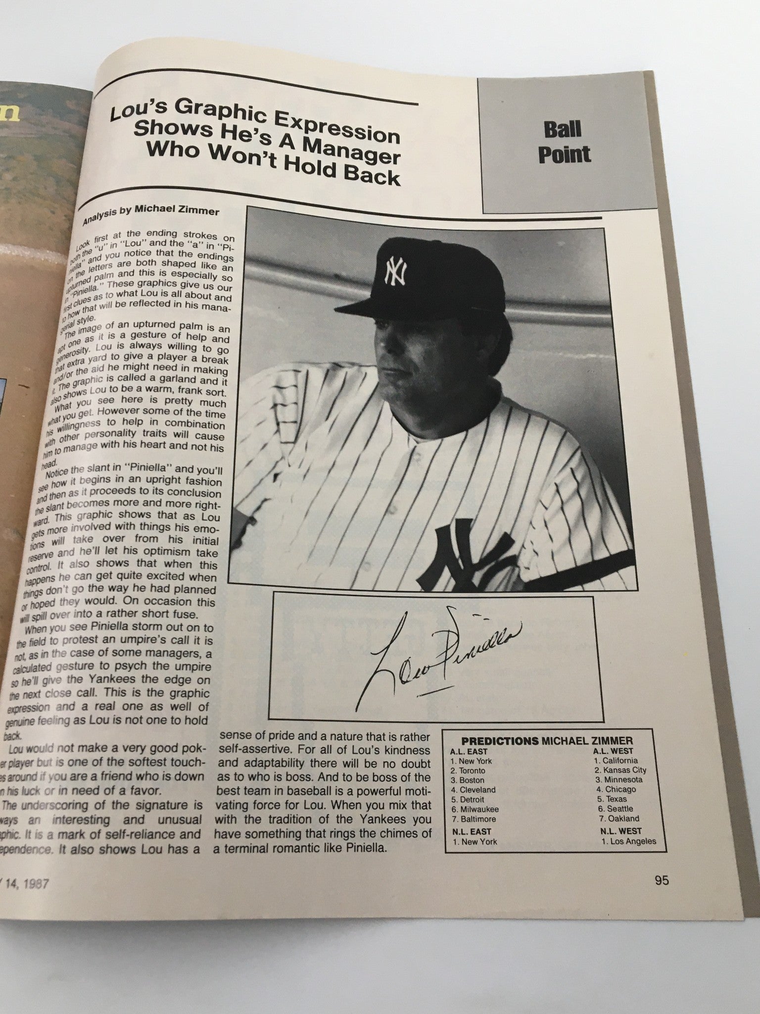 VTG Yankees Magazine May 14 1987 Lou Pinella and Catfish Hunter No Label